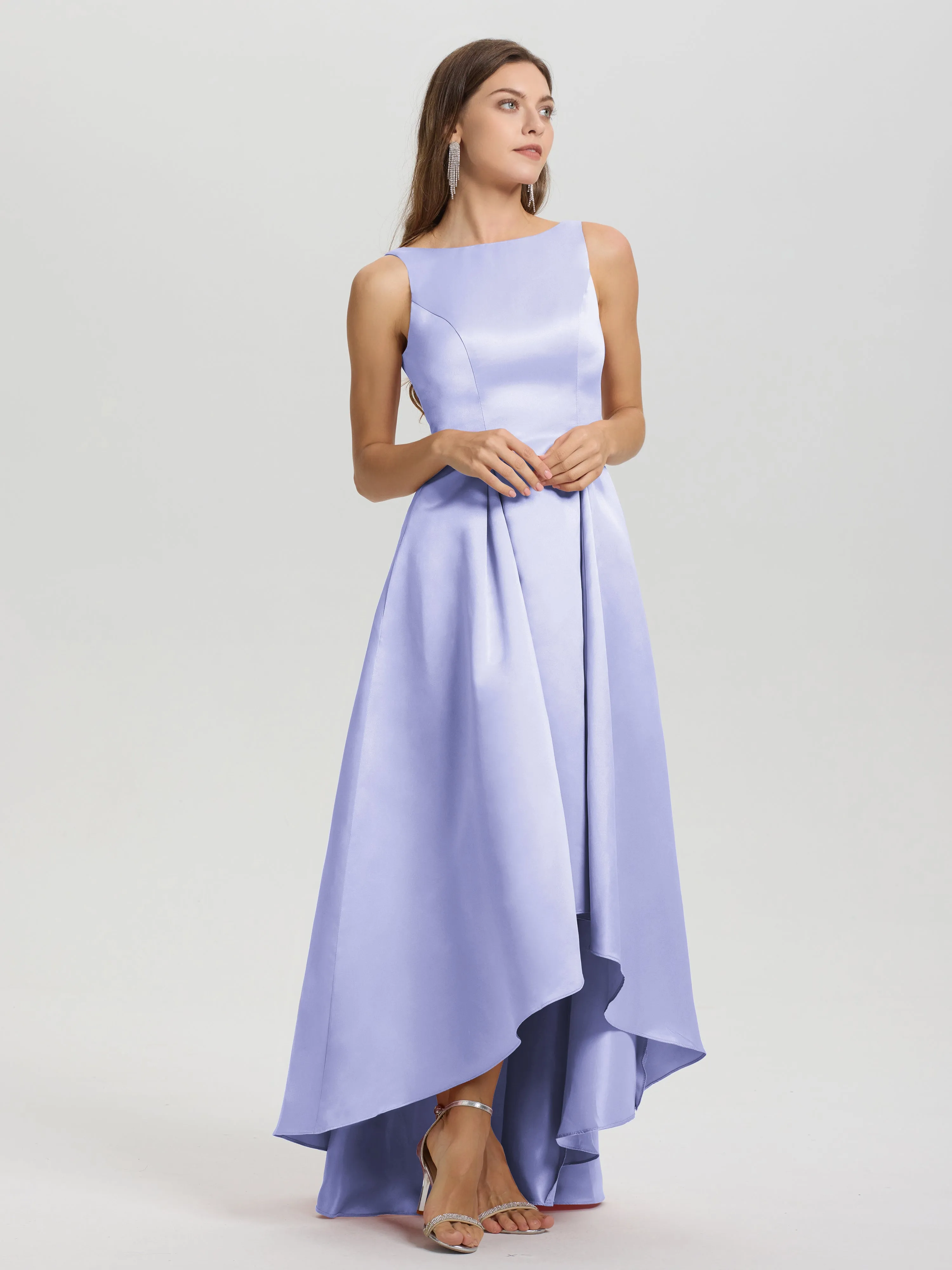 Jewel Sleeveless V-Back Long Satin Bridesmaid Dresses