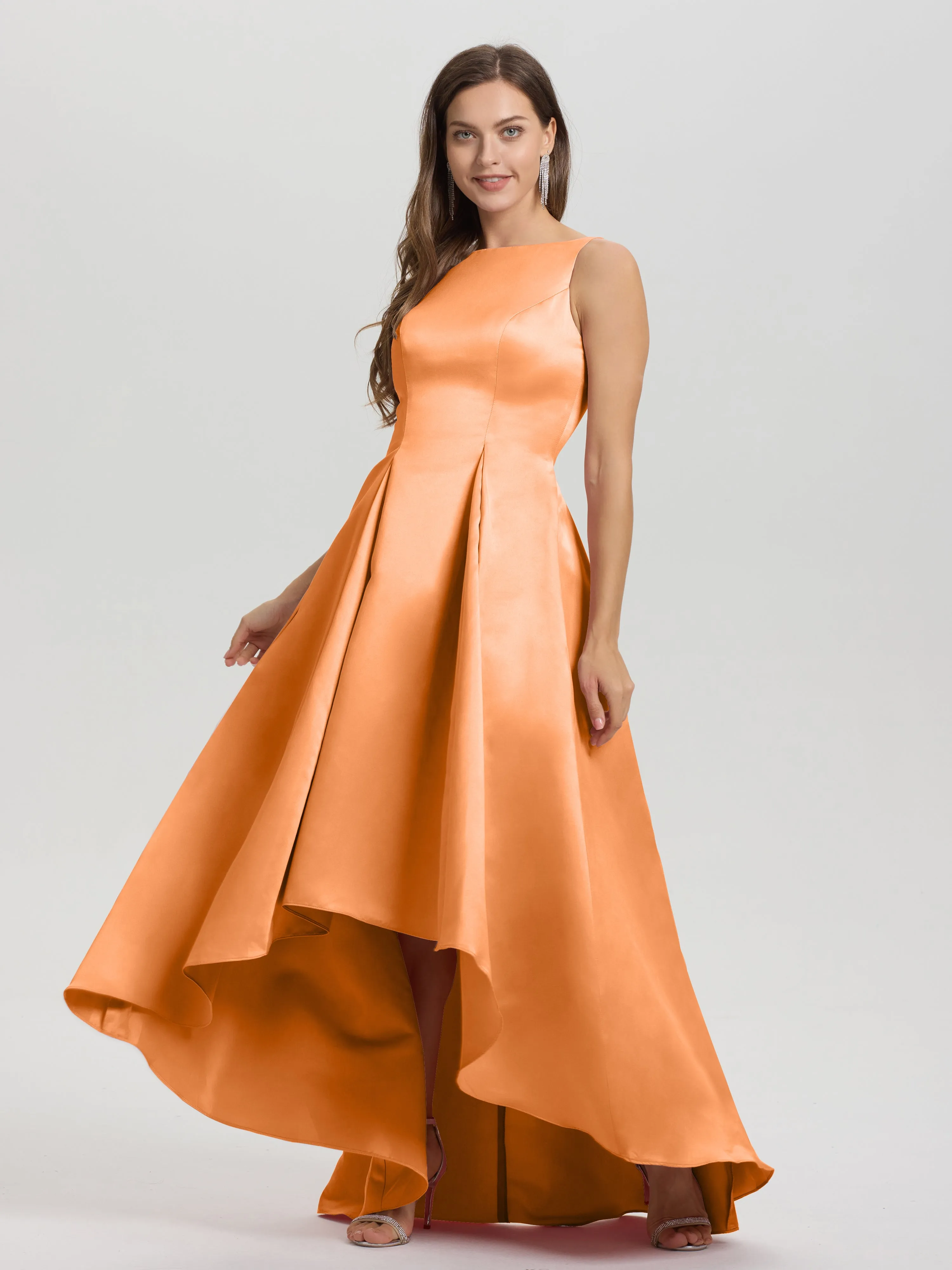 Jewel Sleeveless V-Back Long Satin Bridesmaid Dresses