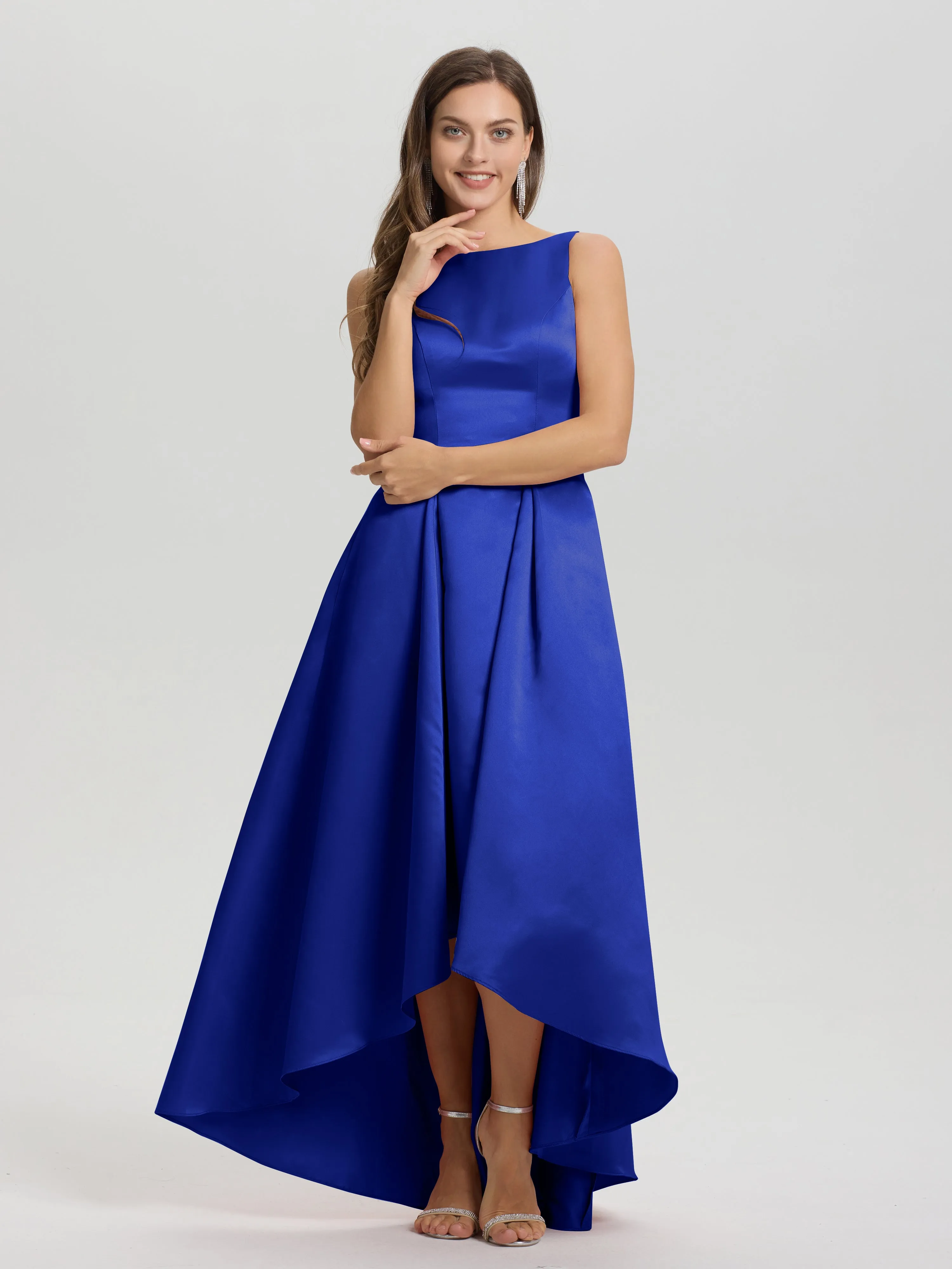 Jewel Sleeveless V-Back Long Satin Bridesmaid Dresses