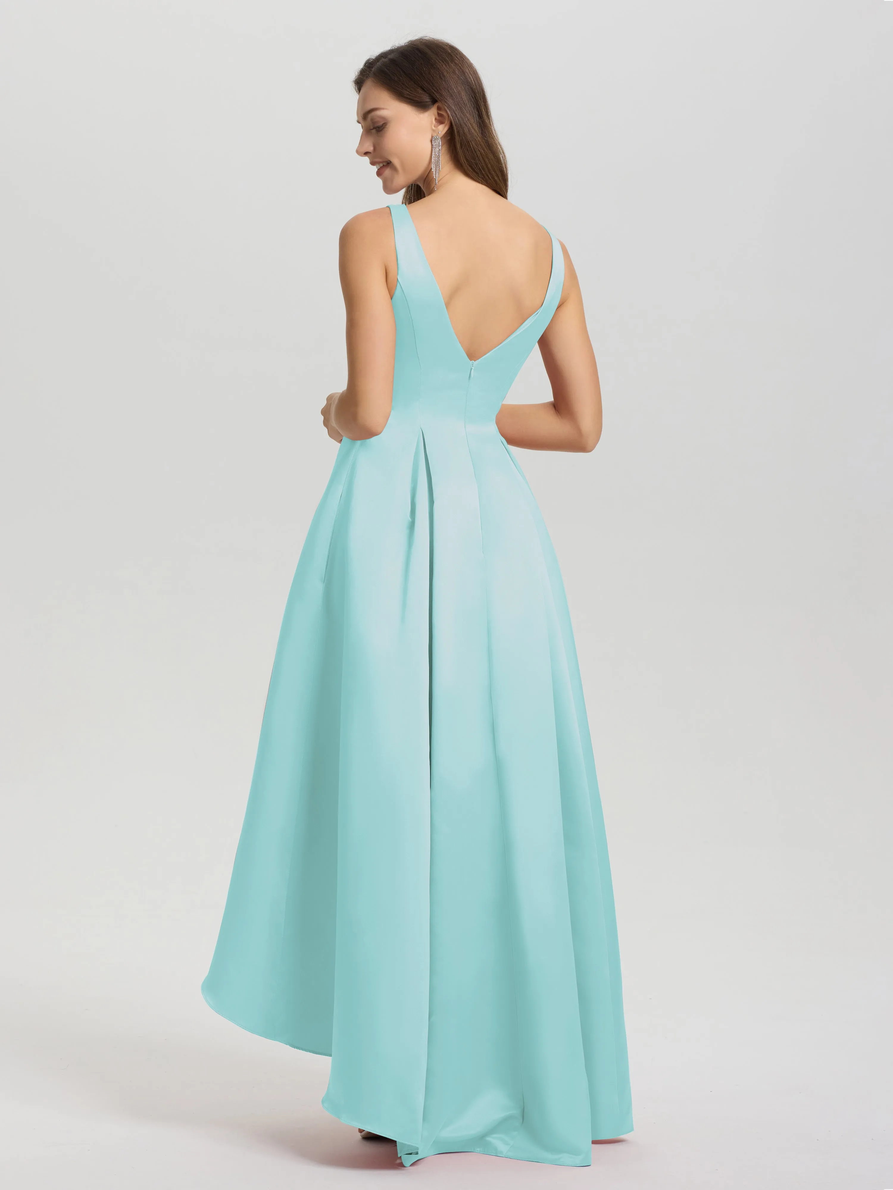 Jewel Sleeveless V-Back Long Satin Bridesmaid Dresses