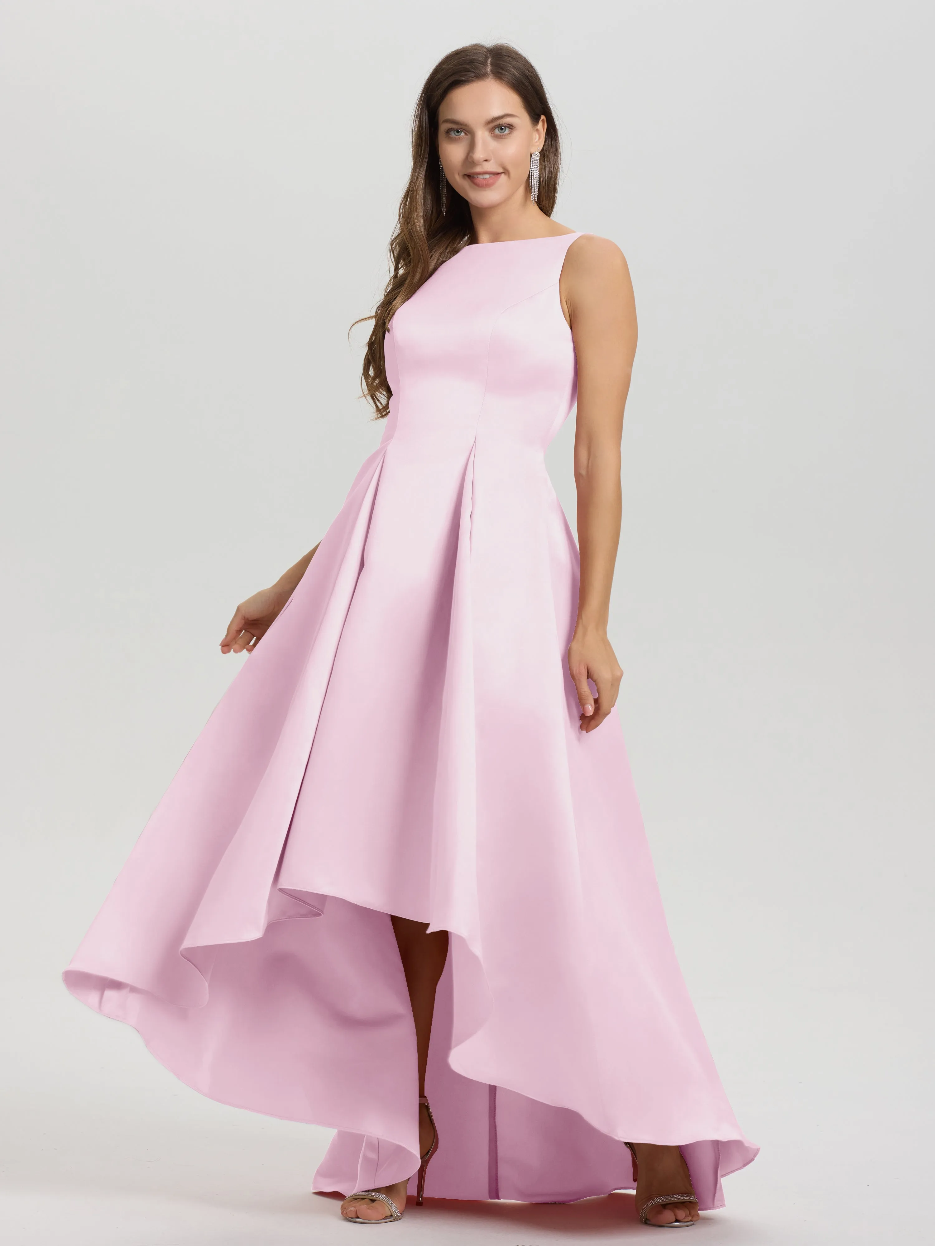 Jewel Sleeveless V-Back Long Satin Bridesmaid Dresses