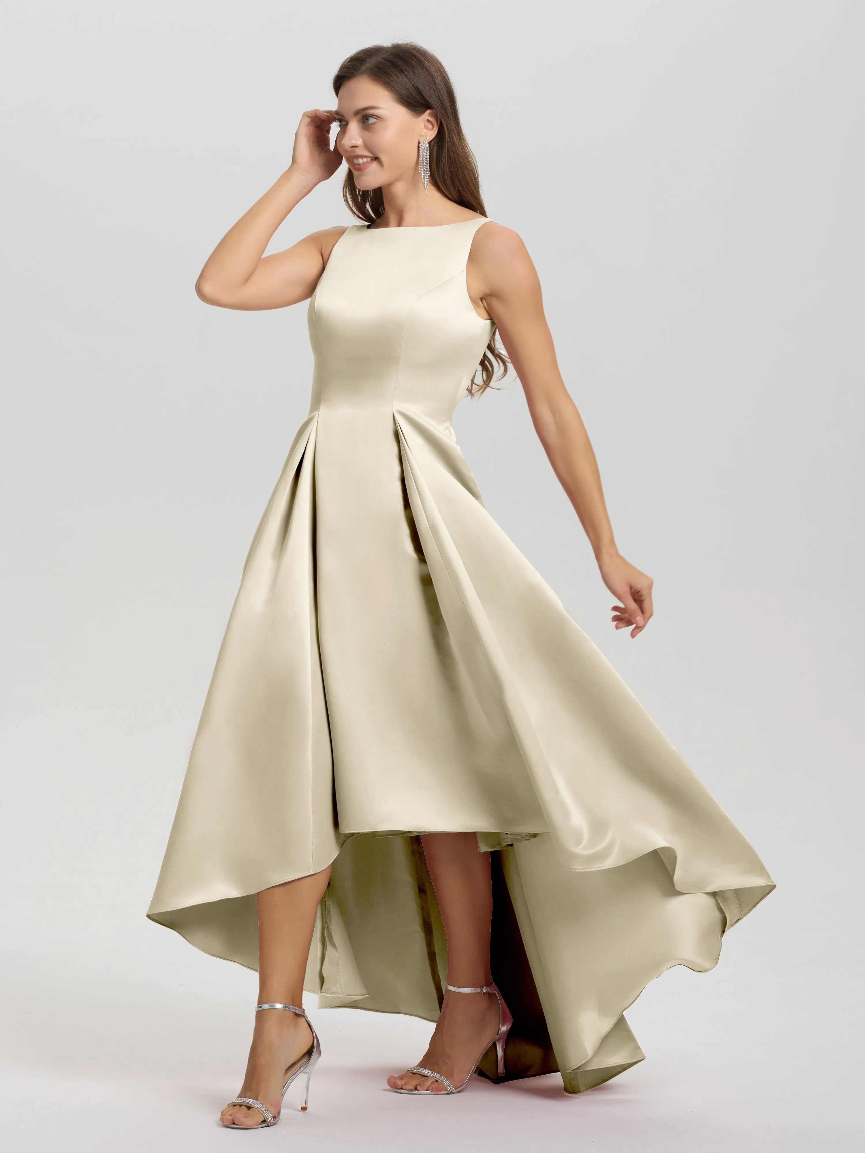Jewel Sleeveless V-Back Long Satin Bridesmaid Dresses