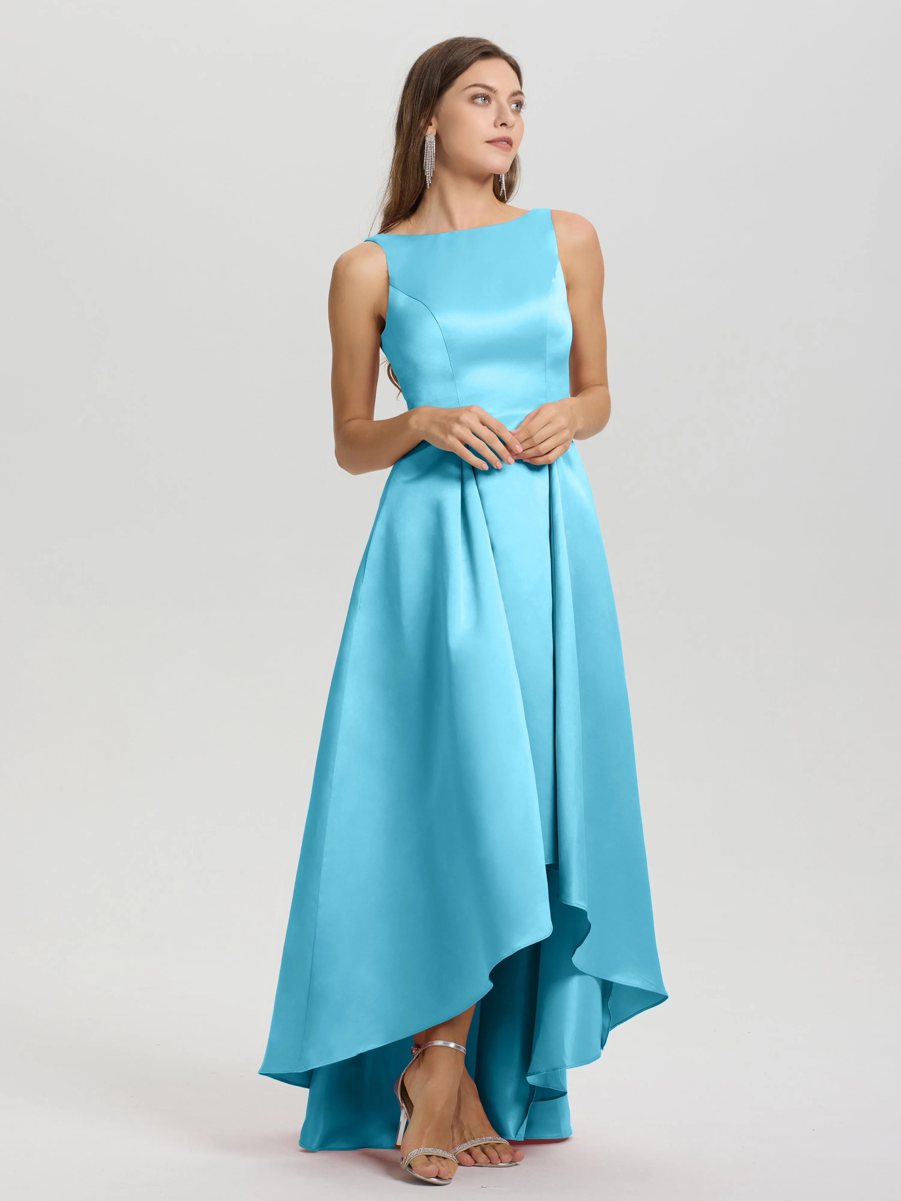 Jewel Sleeveless V-Back Long Satin Bridesmaid Dresses