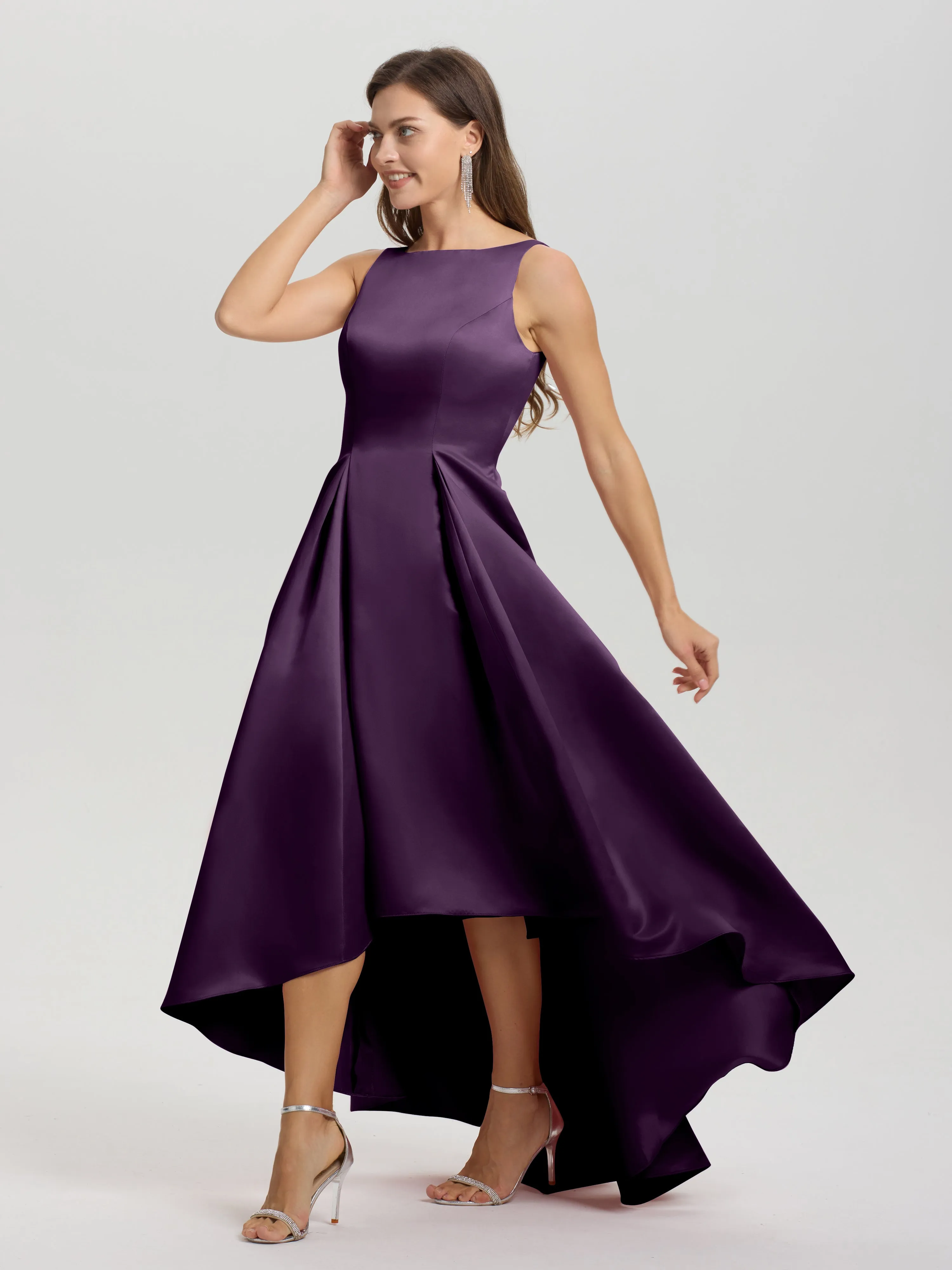 Jewel Sleeveless V-Back Long Satin Bridesmaid Dresses