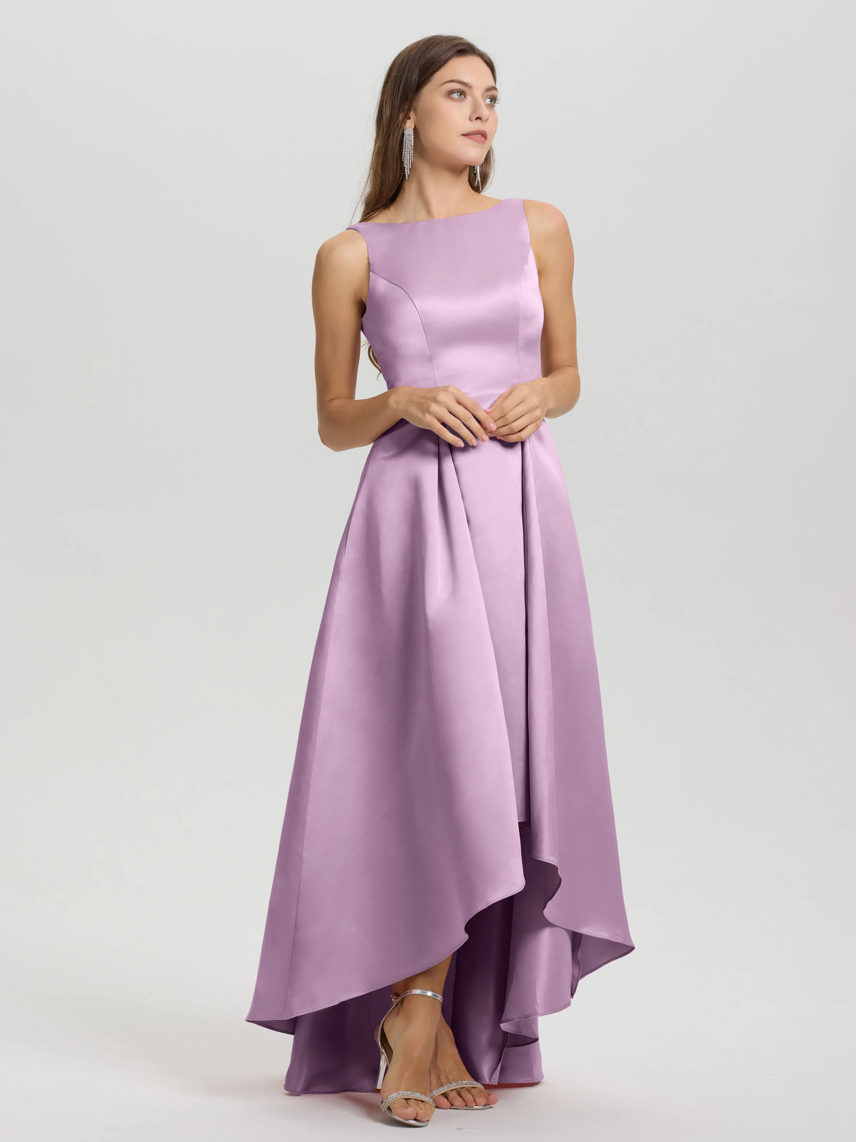 Jewel Sleeveless V-Back Long Satin Bridesmaid Dresses