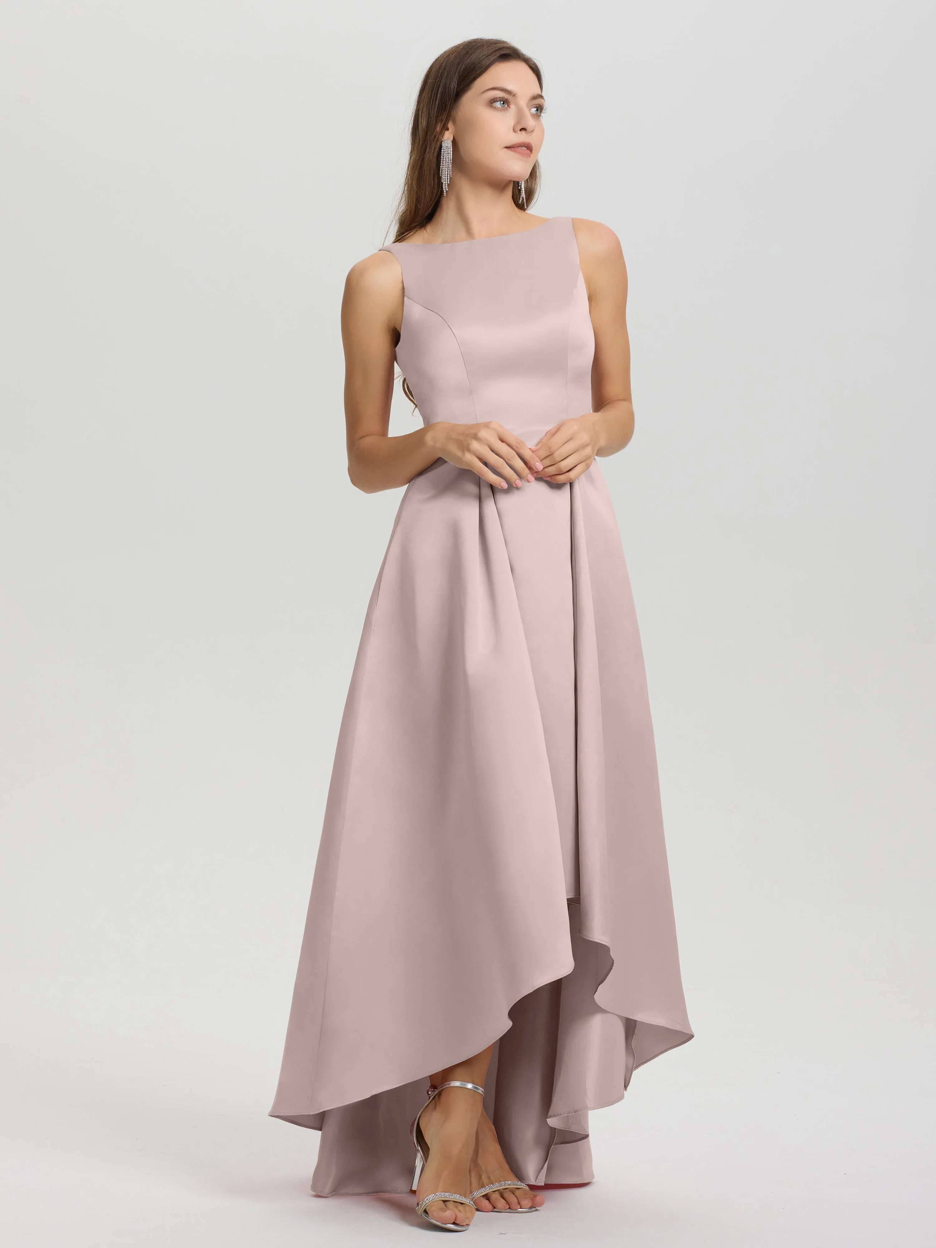 Jewel Sleeveless V-Back Long Satin Bridesmaid Dresses