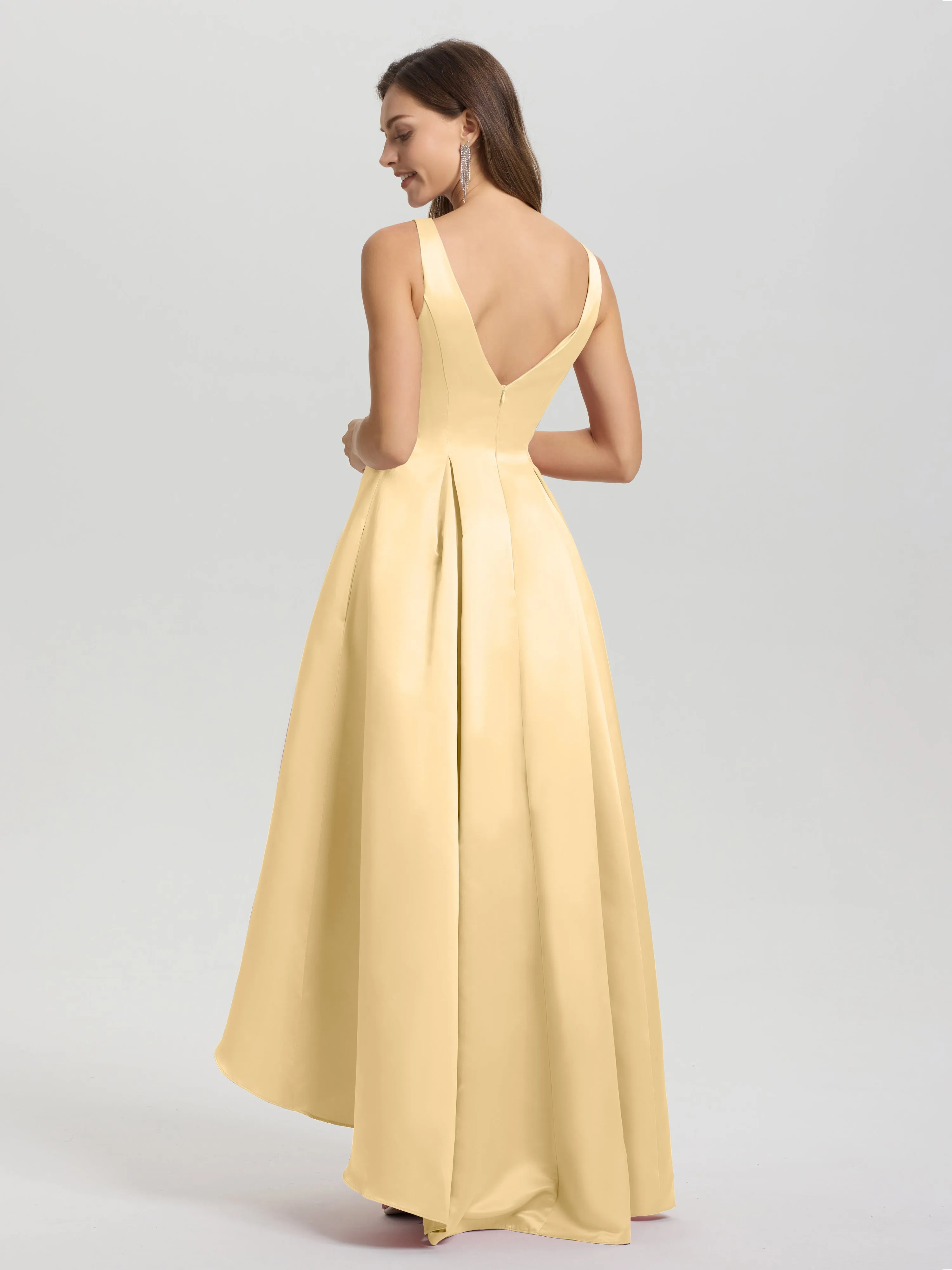 Jewel Sleeveless V-Back Long Satin Bridesmaid Dresses