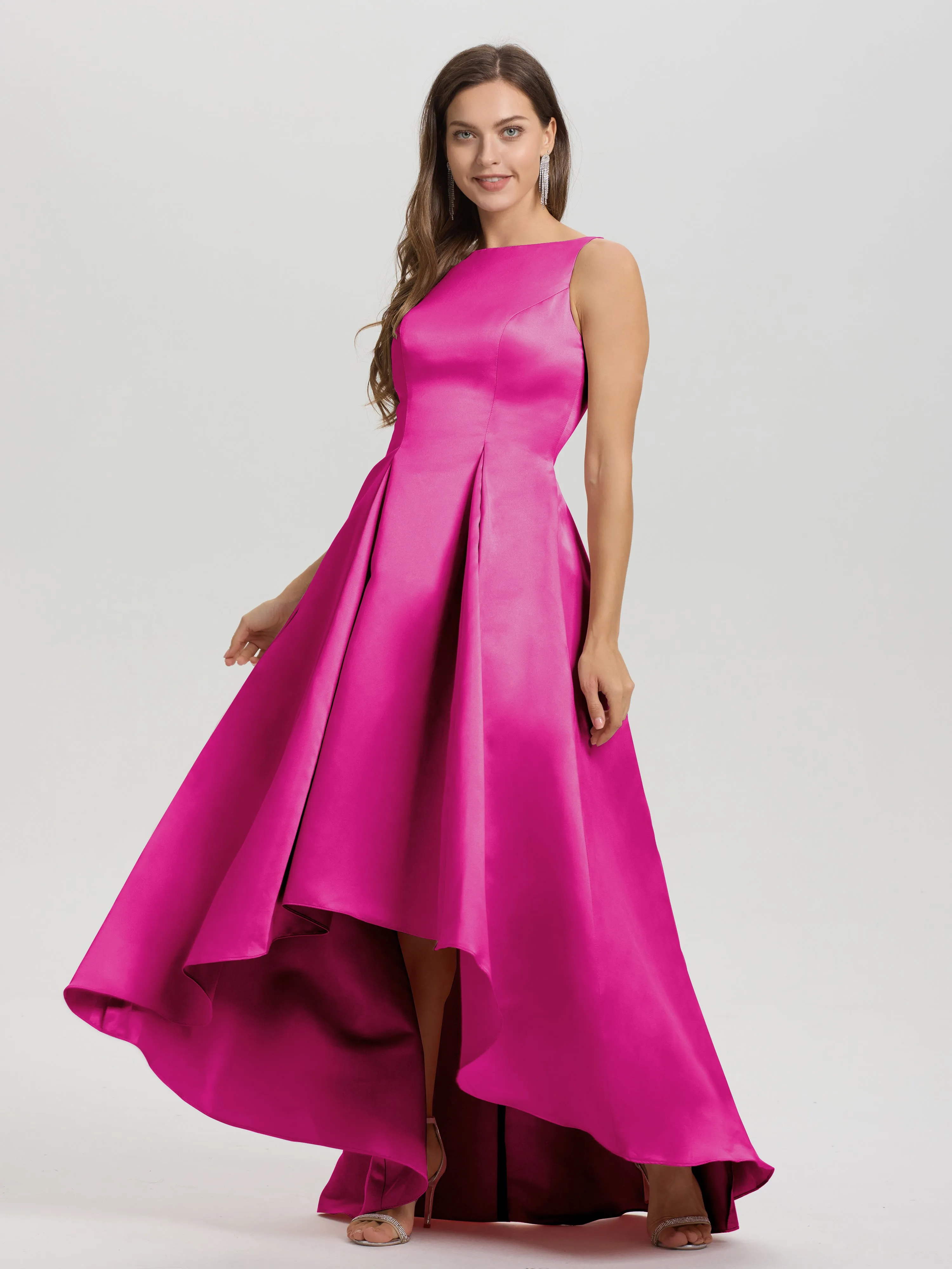 Jewel Sleeveless V-Back Long Satin Bridesmaid Dresses