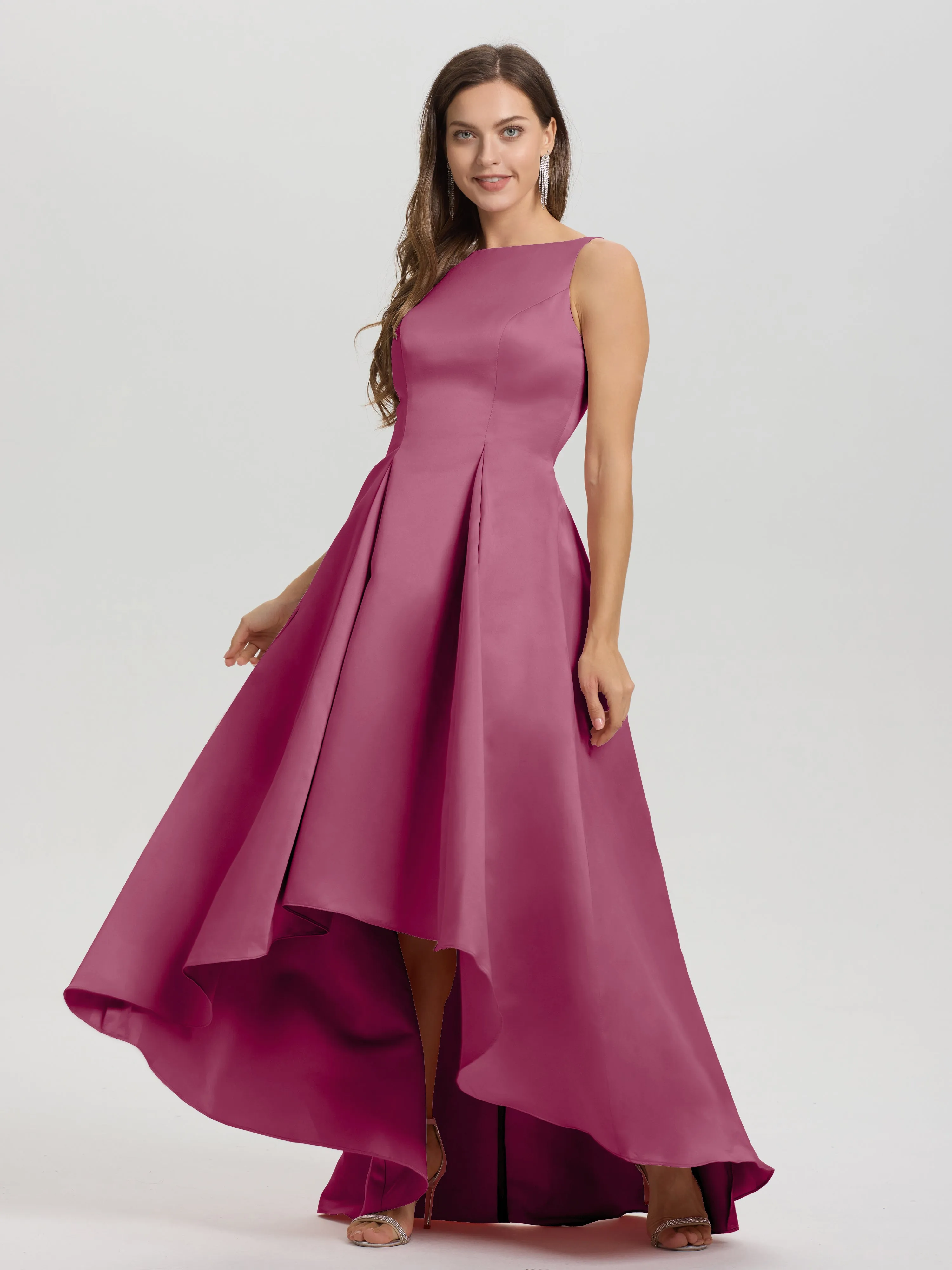 Jewel Sleeveless V-Back Long Satin Bridesmaid Dresses