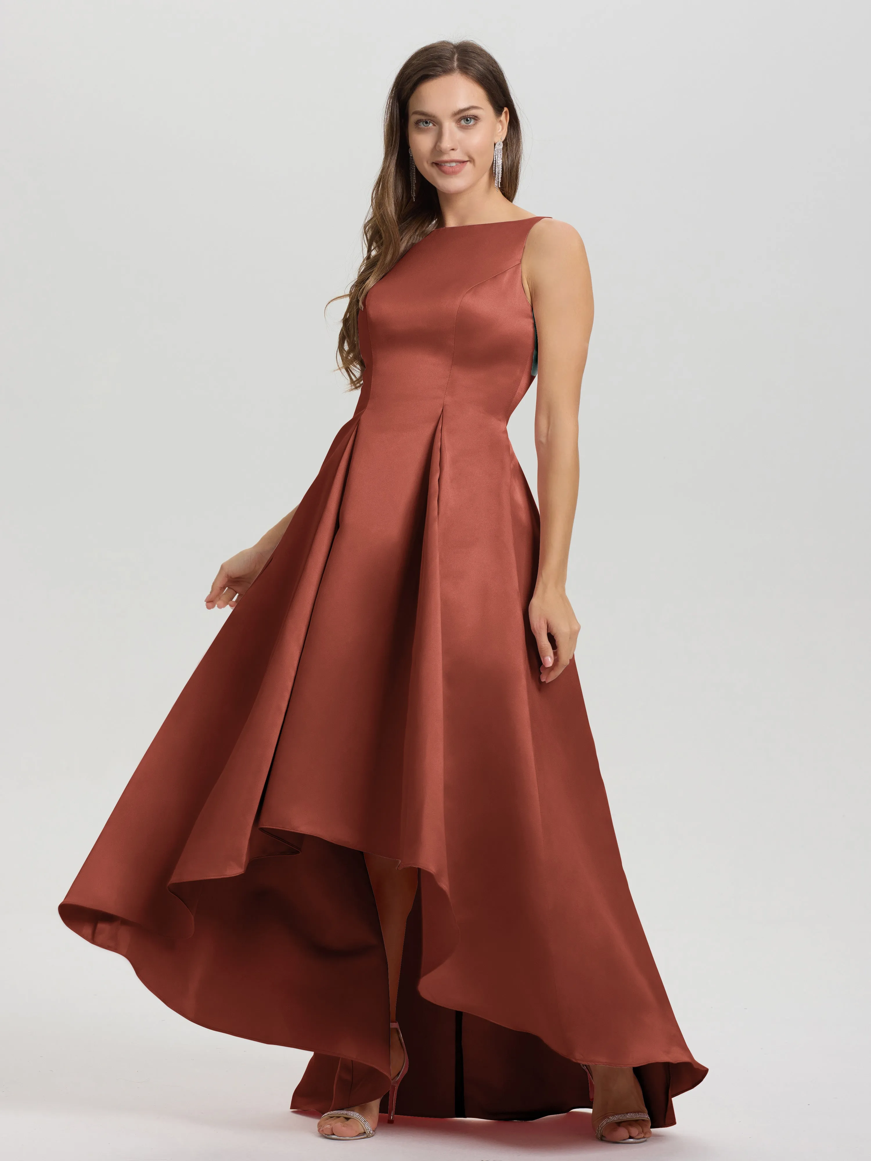 Jewel Sleeveless V-Back Long Satin Bridesmaid Dresses
