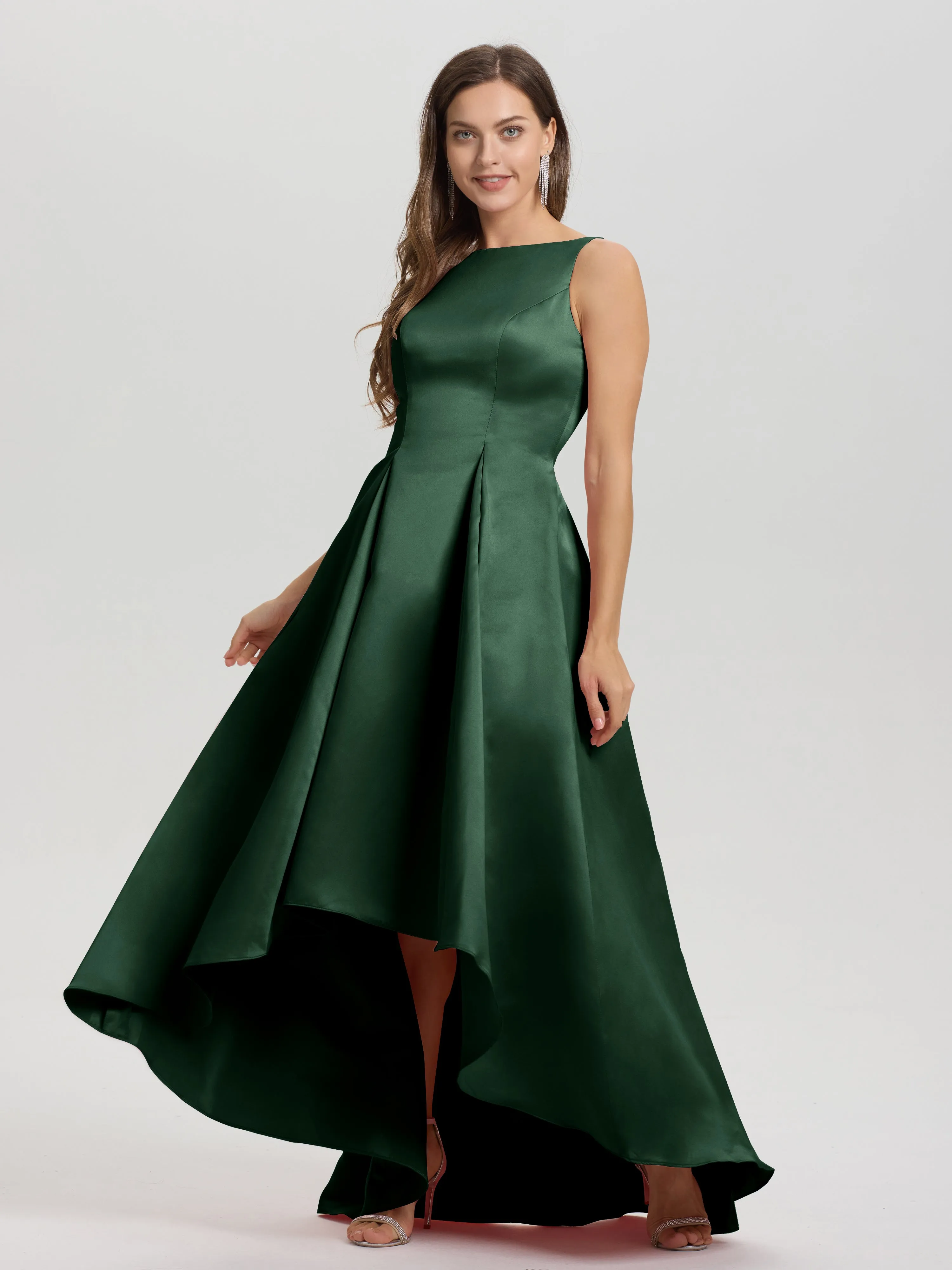 Jewel Sleeveless V-Back Long Satin Bridesmaid Dresses