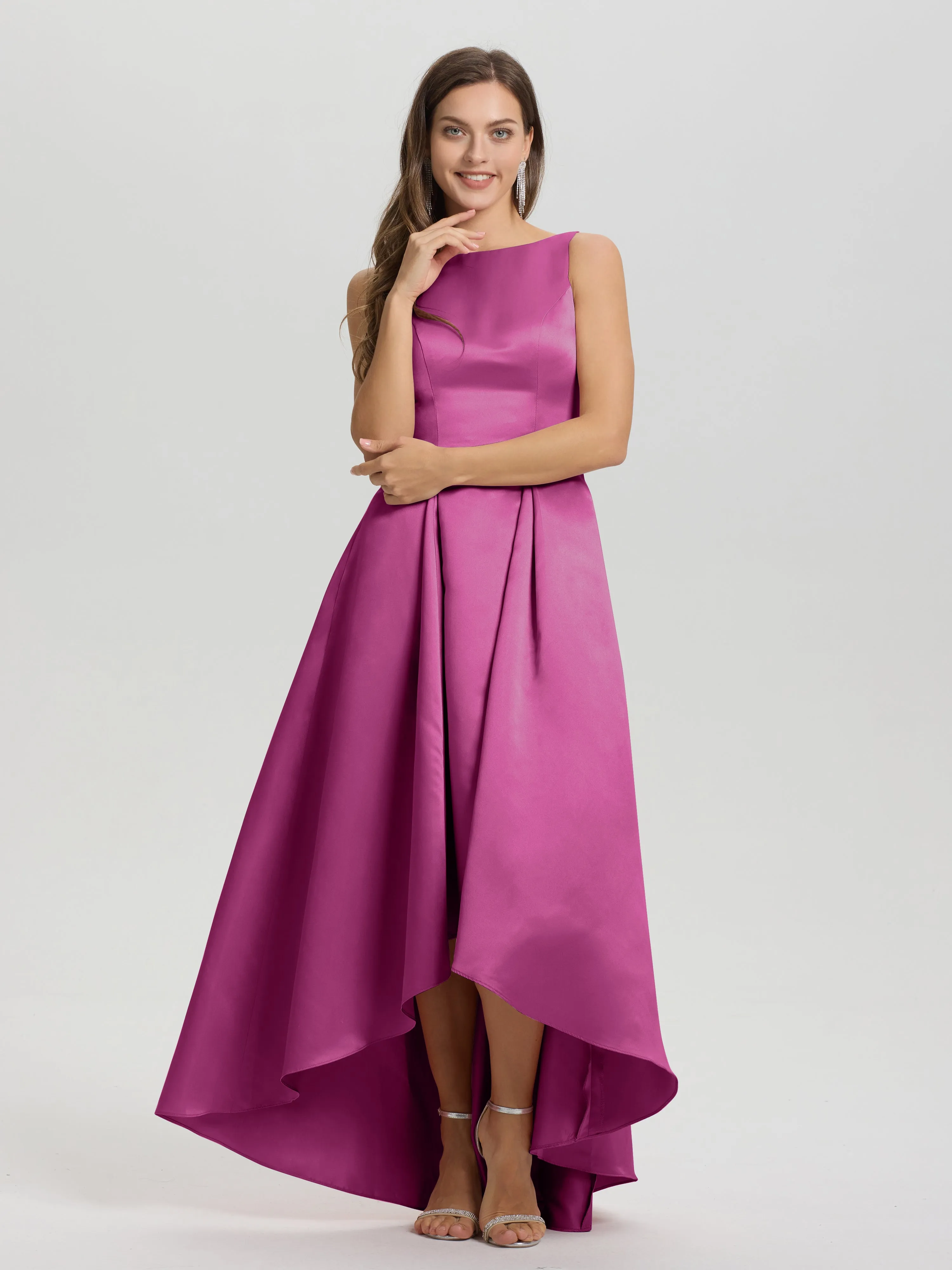 Jewel Sleeveless V-Back Long Satin Bridesmaid Dresses