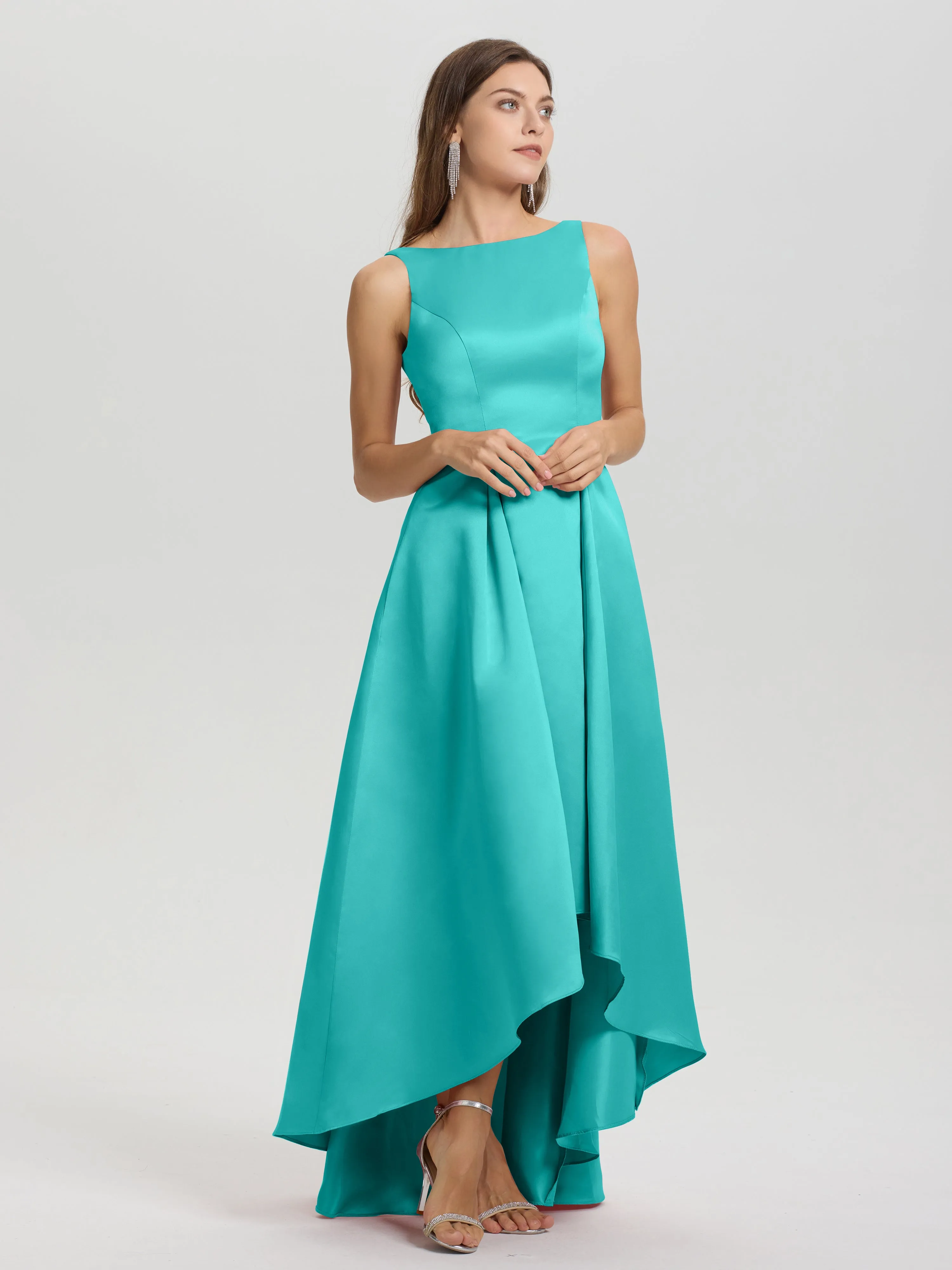 Jewel Sleeveless V-Back Long Satin Bridesmaid Dresses