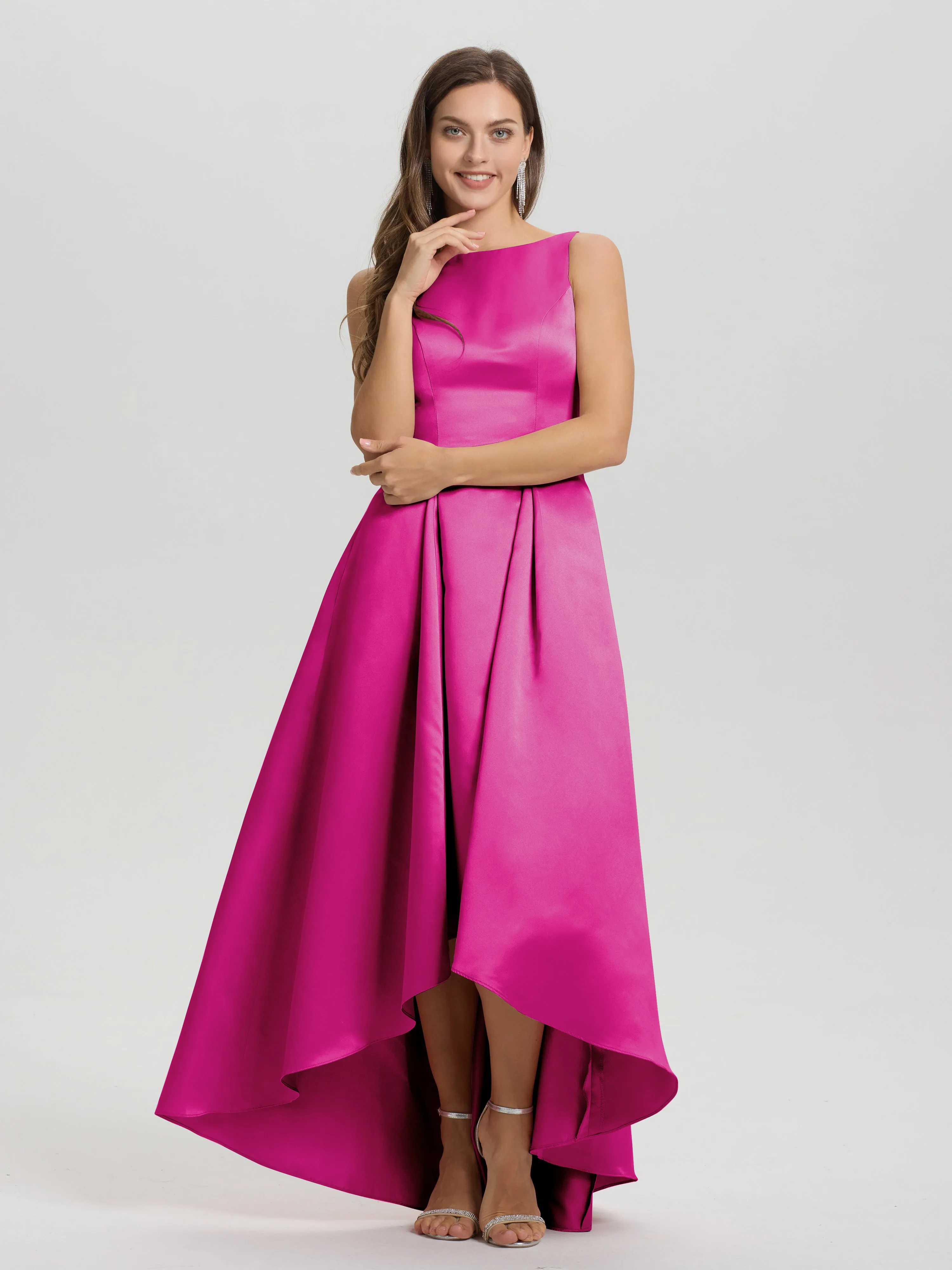 Jewel Sleeveless V-Back Long Satin Bridesmaid Dresses