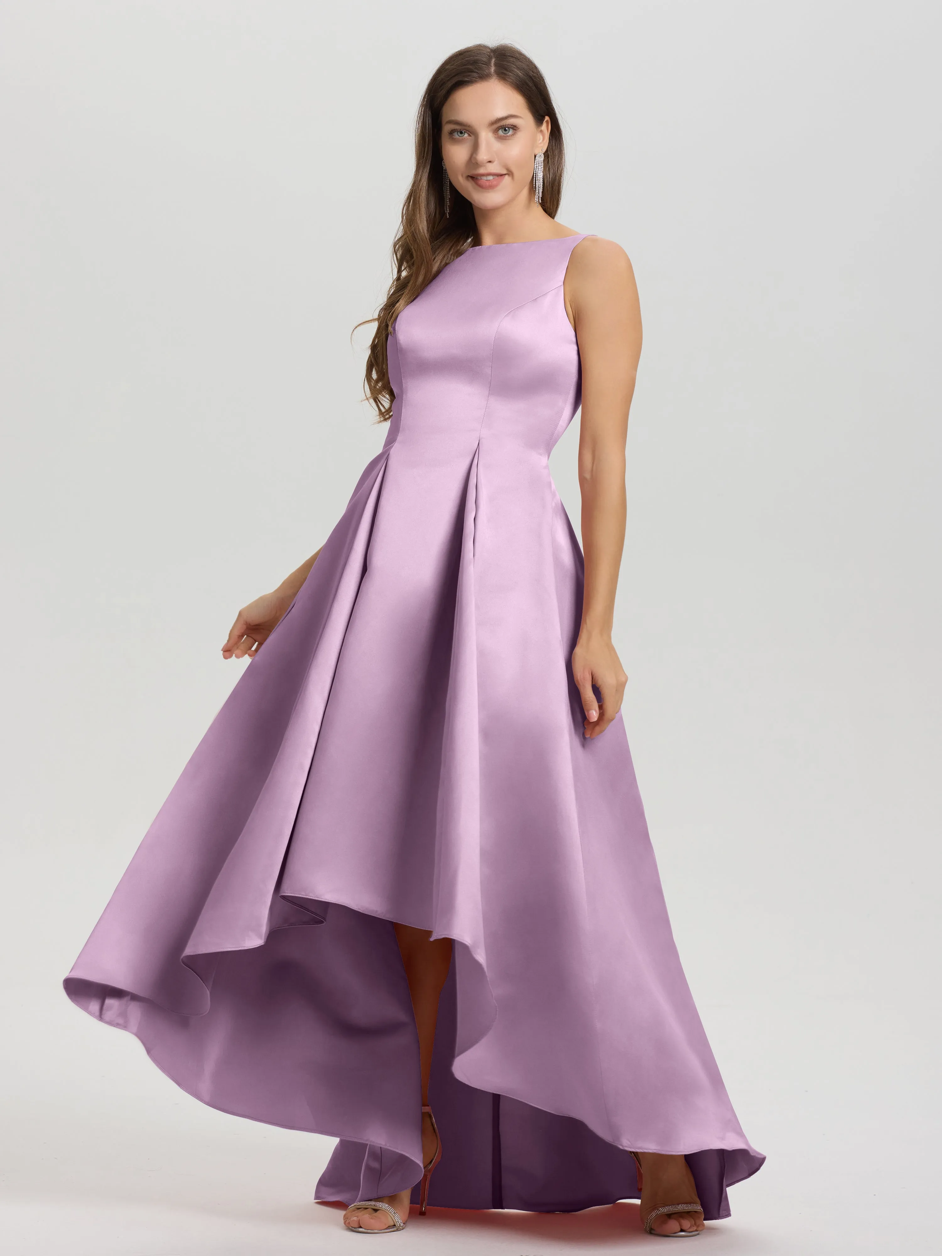 Jewel Sleeveless V-Back Long Satin Bridesmaid Dresses