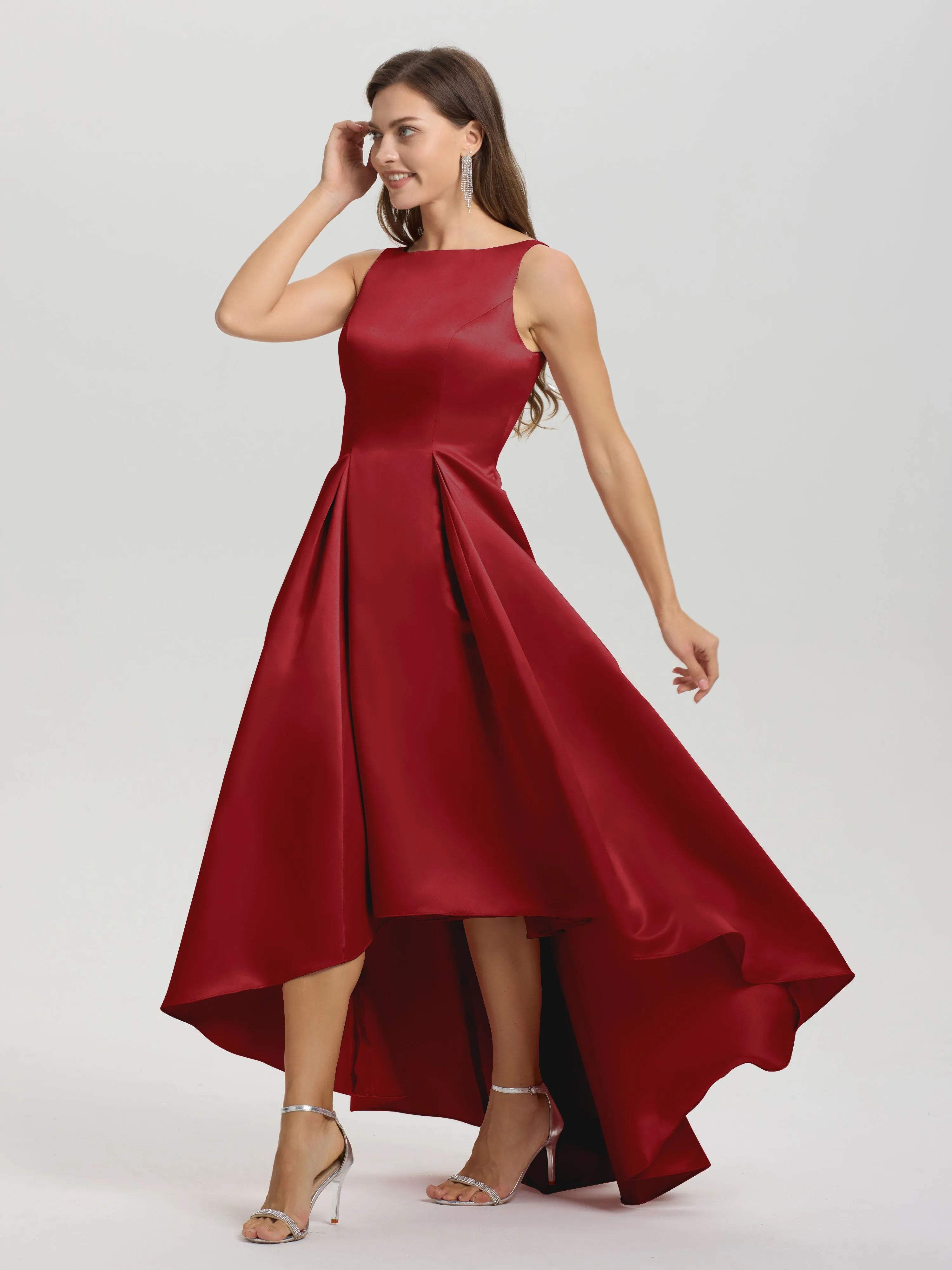 Jewel Sleeveless V-Back Long Satin Bridesmaid Dresses