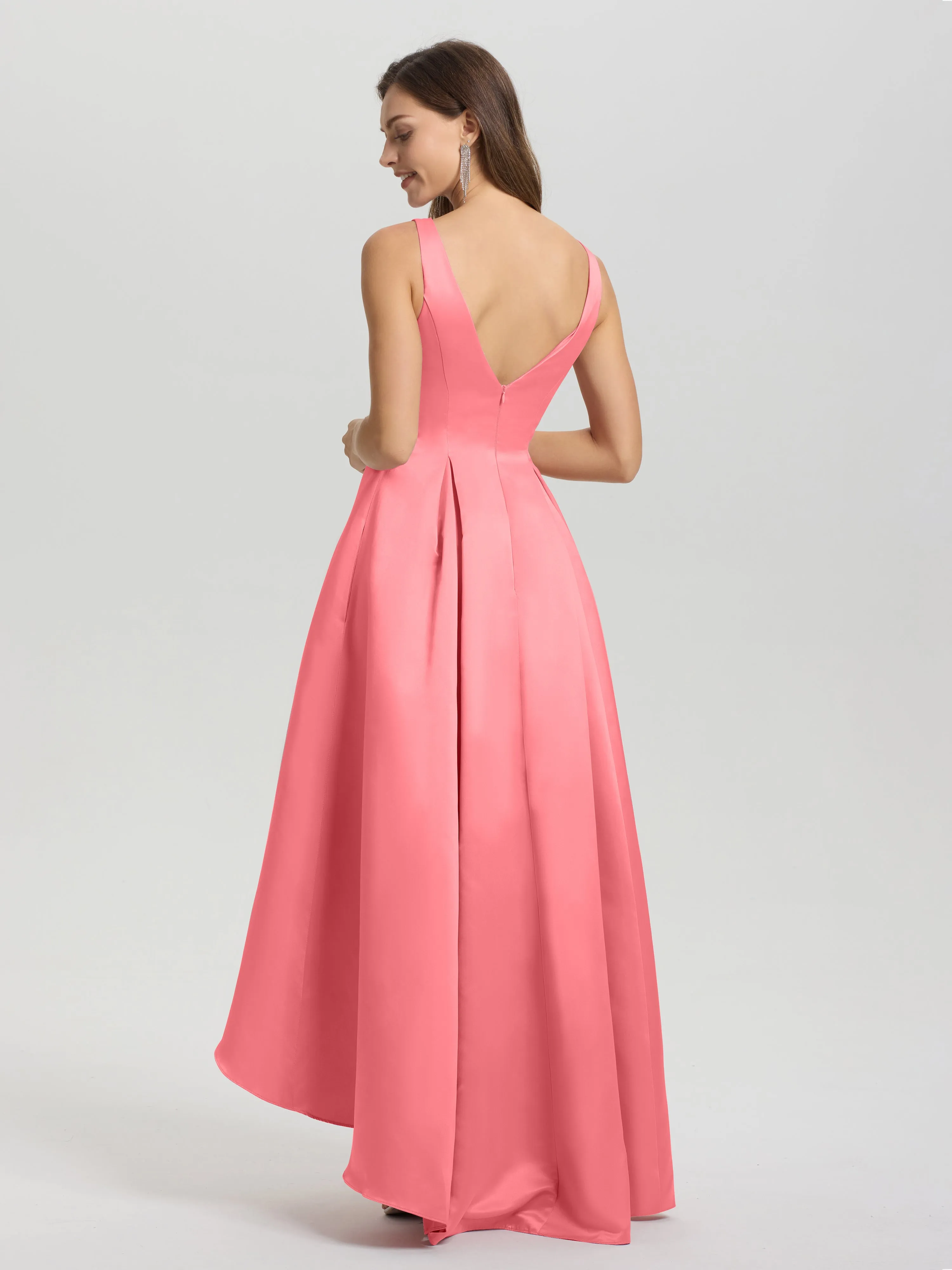 Jewel Sleeveless V-Back Long Satin Bridesmaid Dresses
