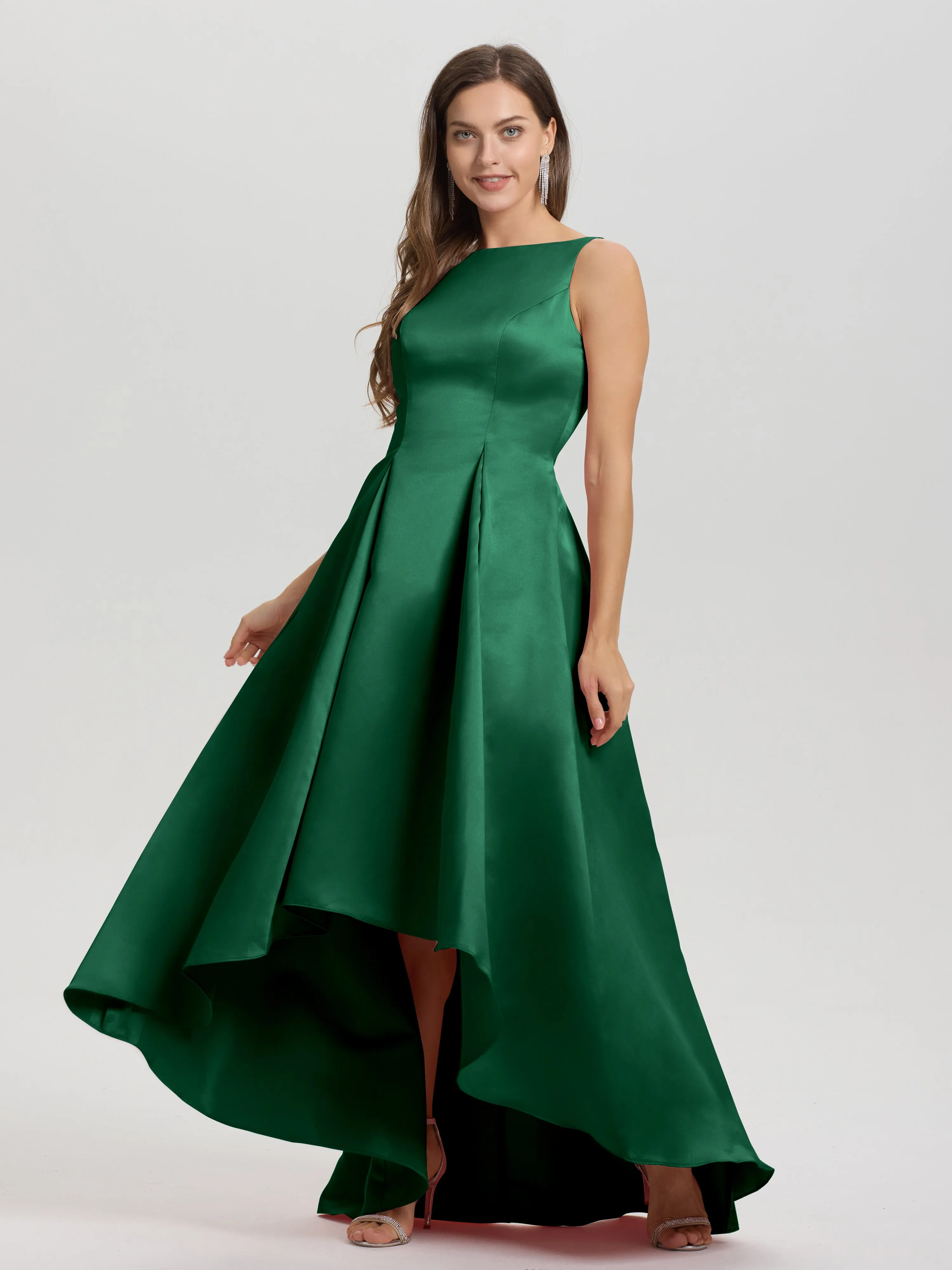 Jewel Sleeveless V-Back Long Satin Bridesmaid Dresses