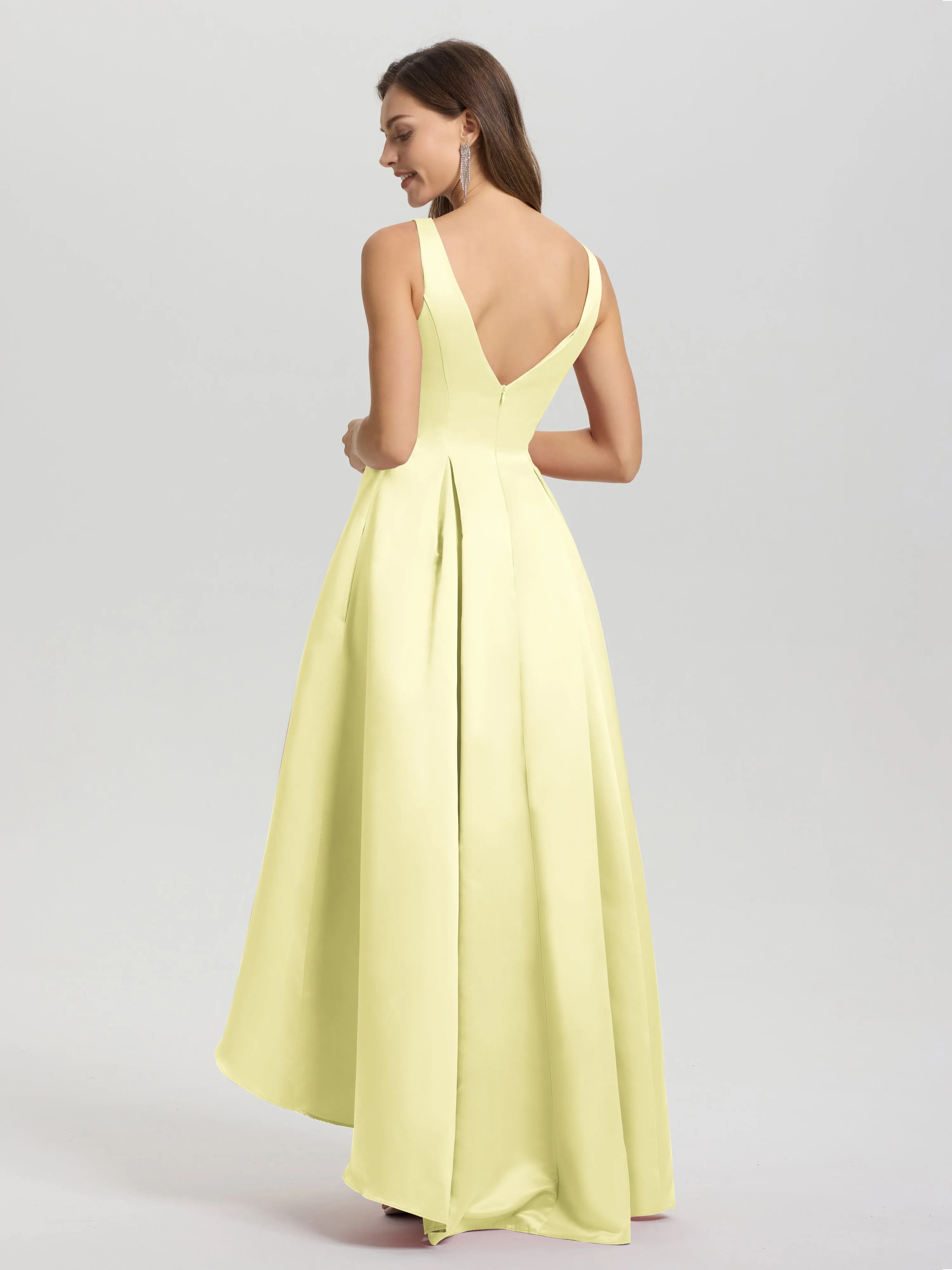 Jewel Sleeveless V-Back Long Satin Bridesmaid Dresses