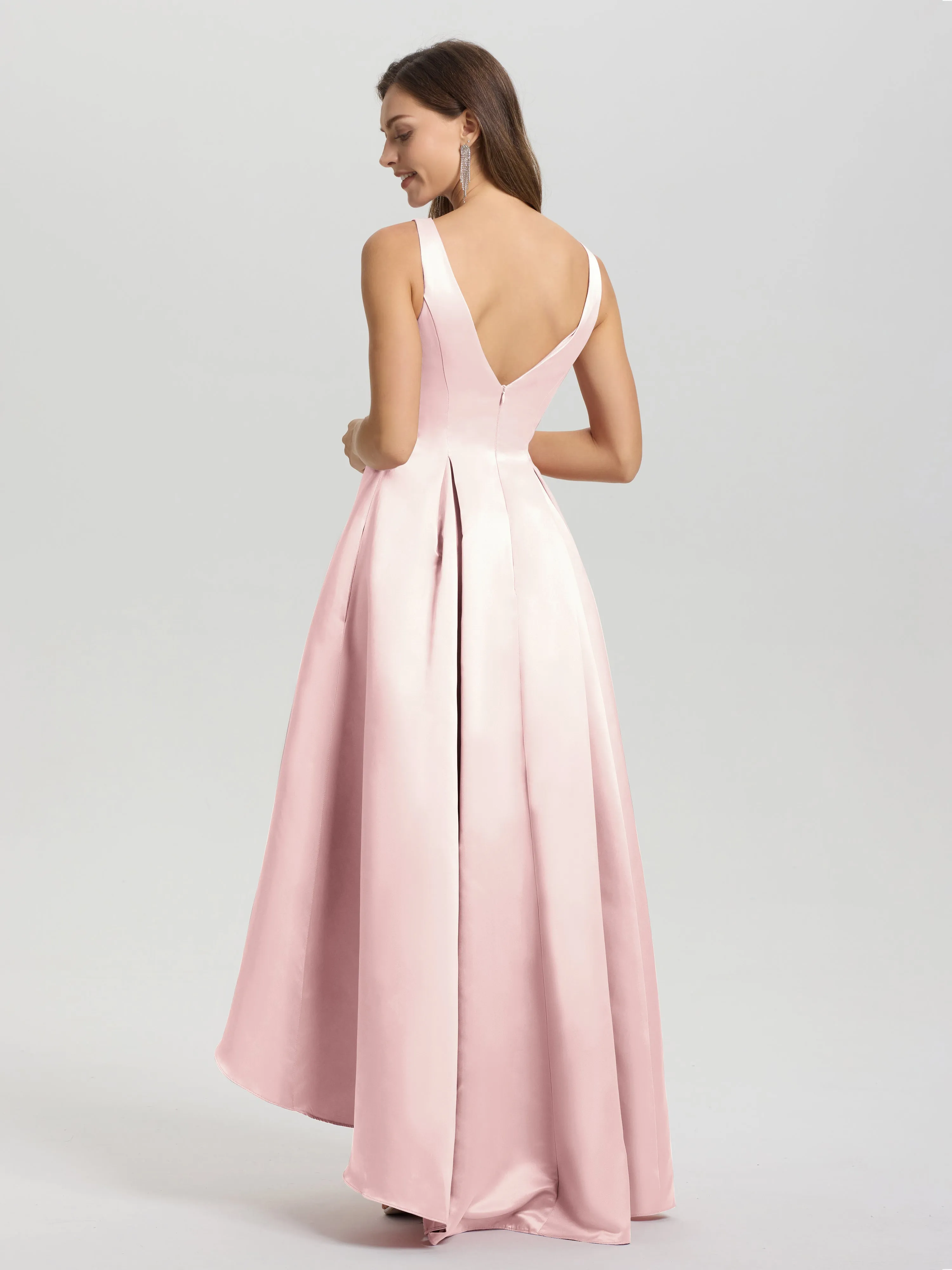 Jewel Sleeveless V-Back Long Satin Bridesmaid Dresses