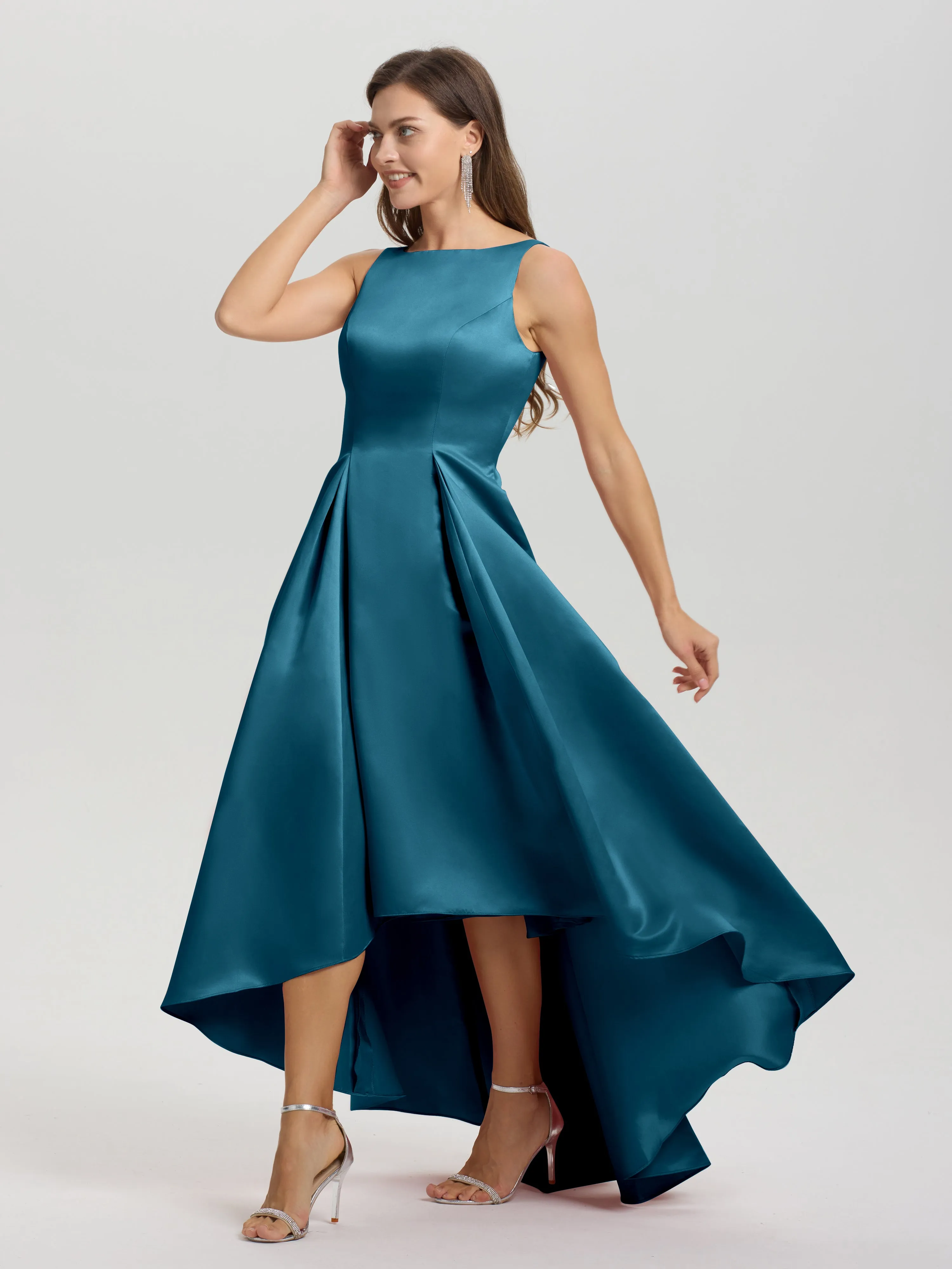 Jewel Sleeveless V-Back Long Satin Bridesmaid Dresses