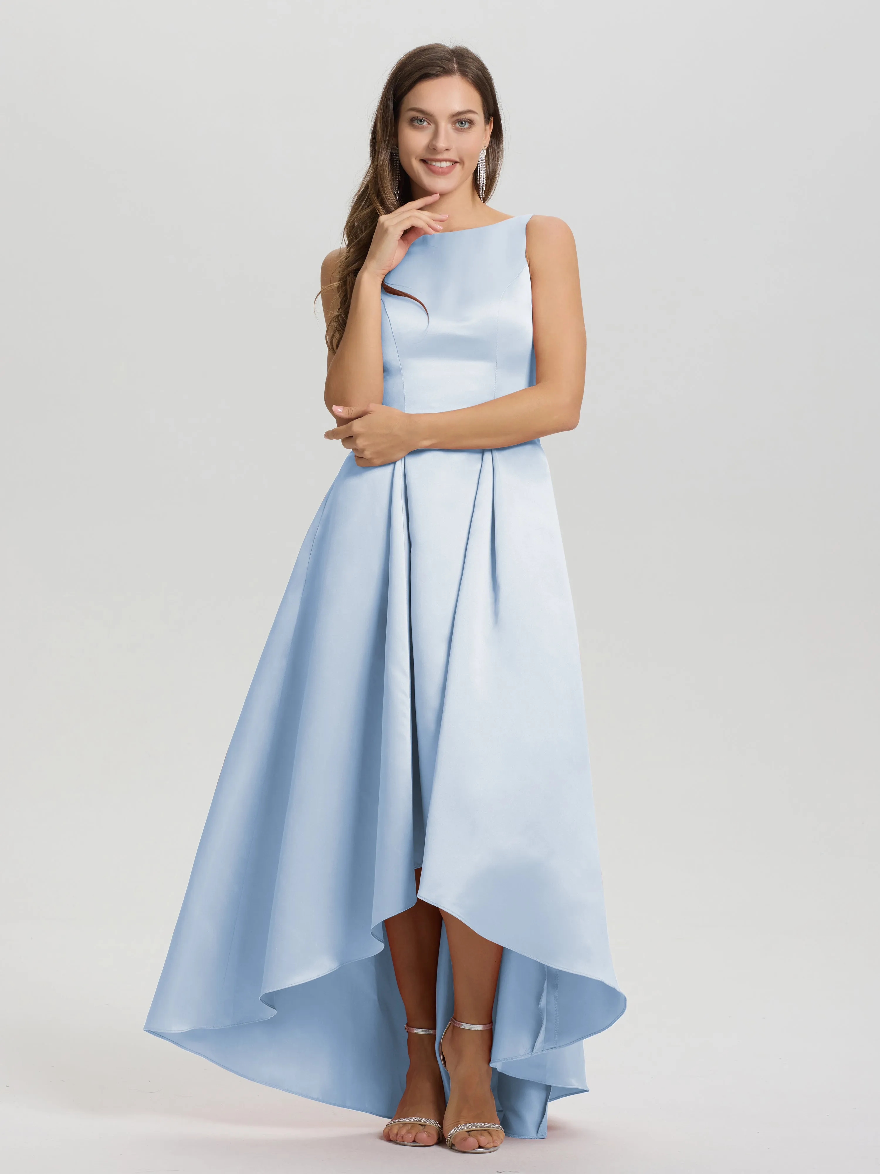 Jewel Sleeveless V-Back Long Satin Bridesmaid Dresses