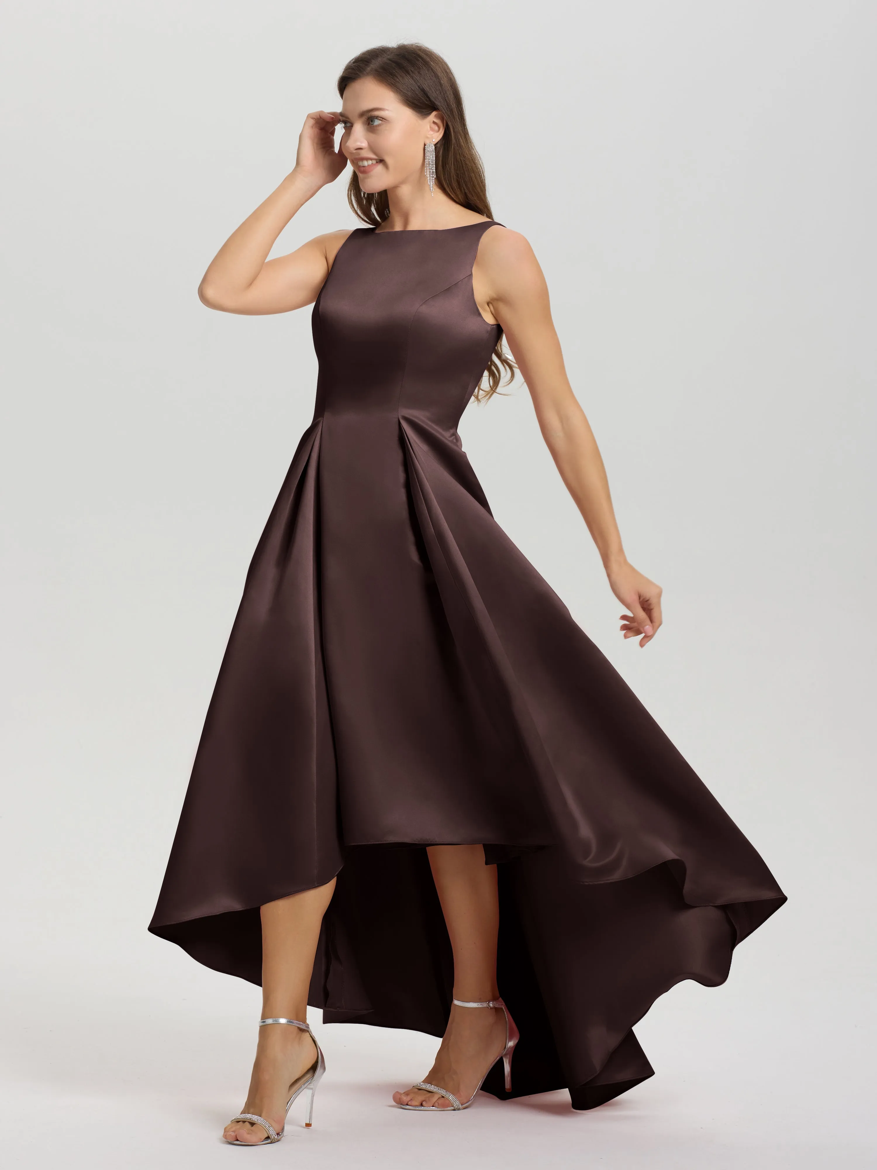 Jewel Sleeveless V-Back Long Satin Bridesmaid Dresses