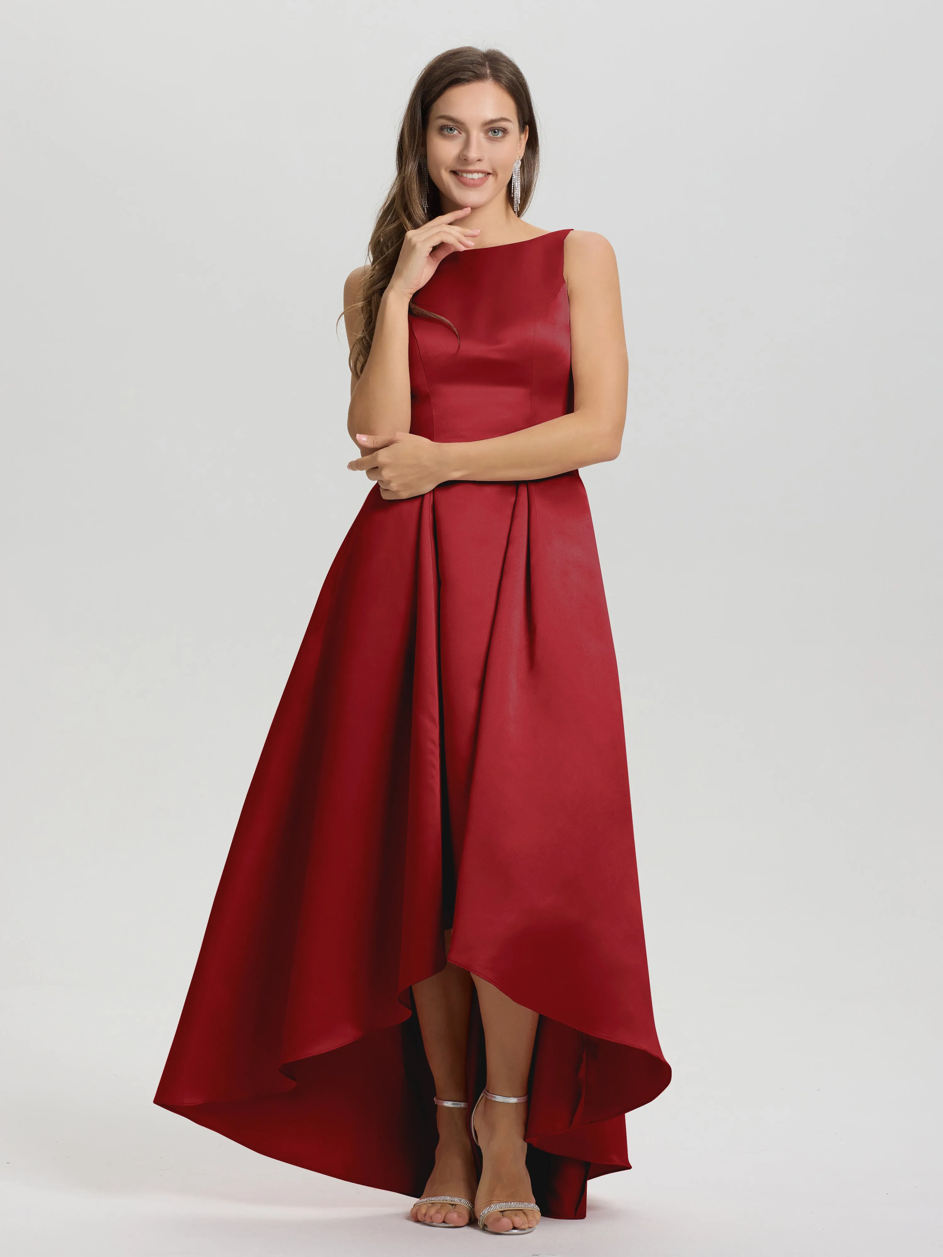 Jewel Sleeveless V-Back Long Satin Bridesmaid Dresses