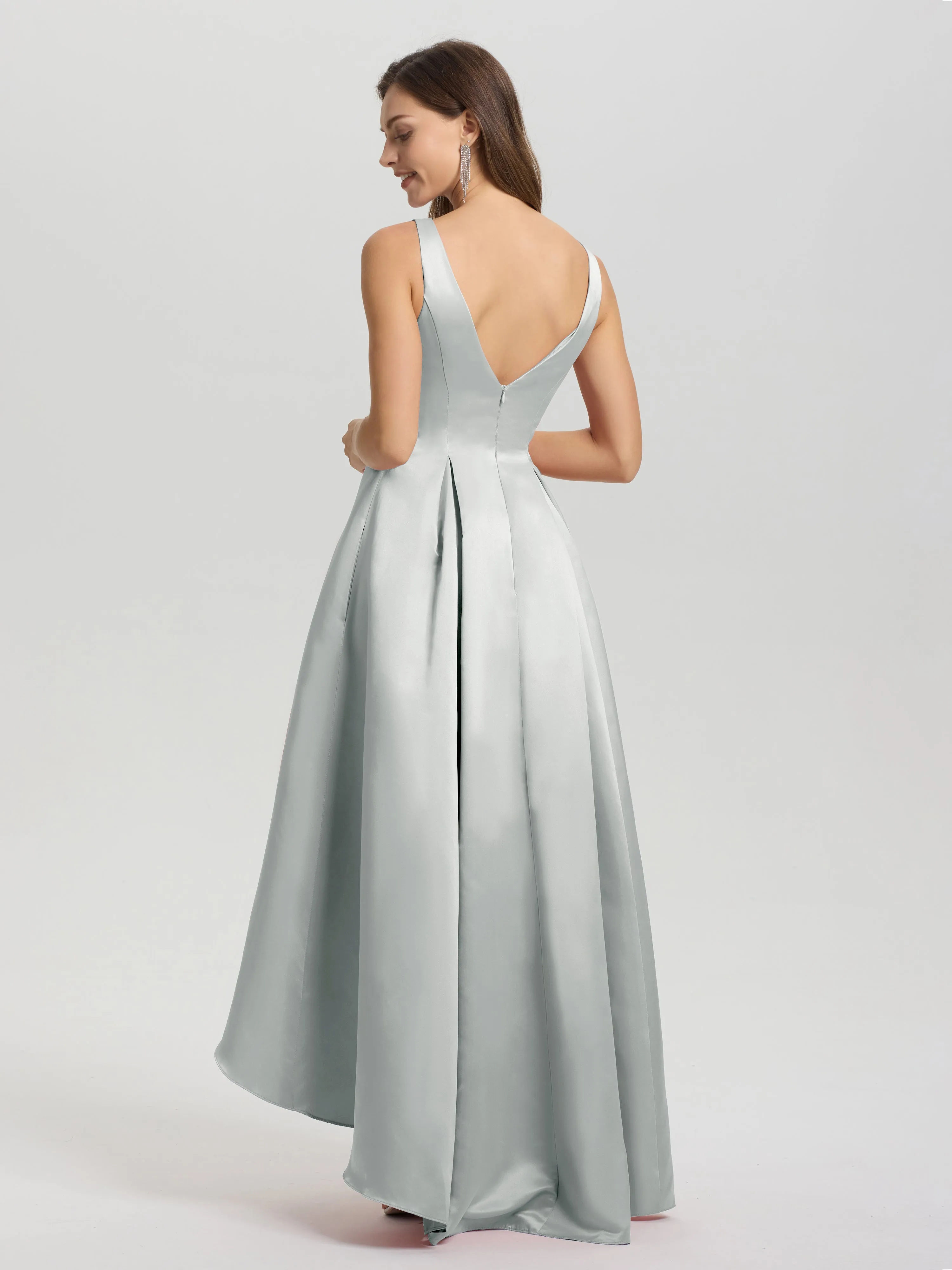 Jewel Sleeveless V-Back Long Satin Bridesmaid Dresses