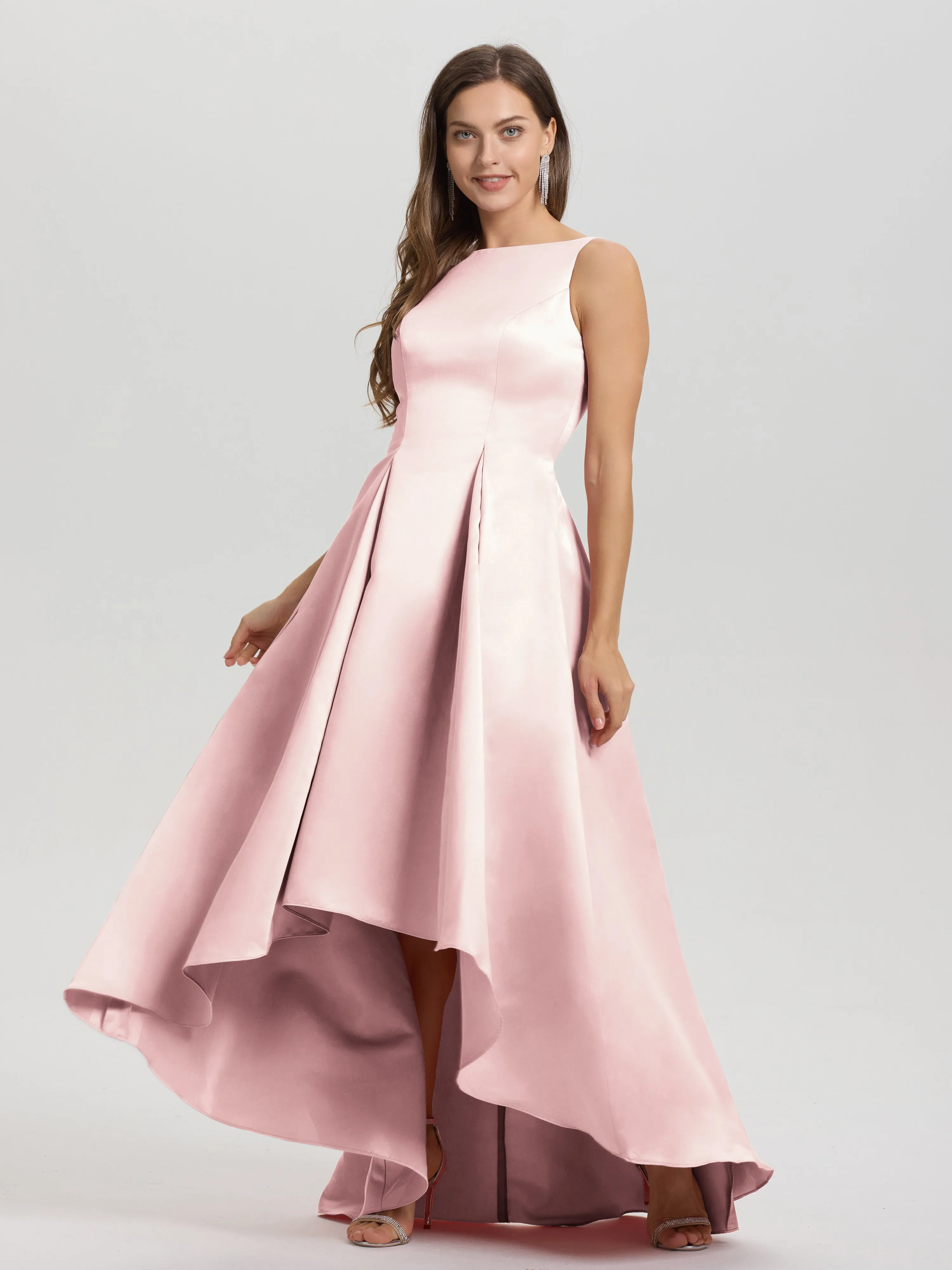 Jewel Sleeveless V-Back Long Satin Bridesmaid Dresses