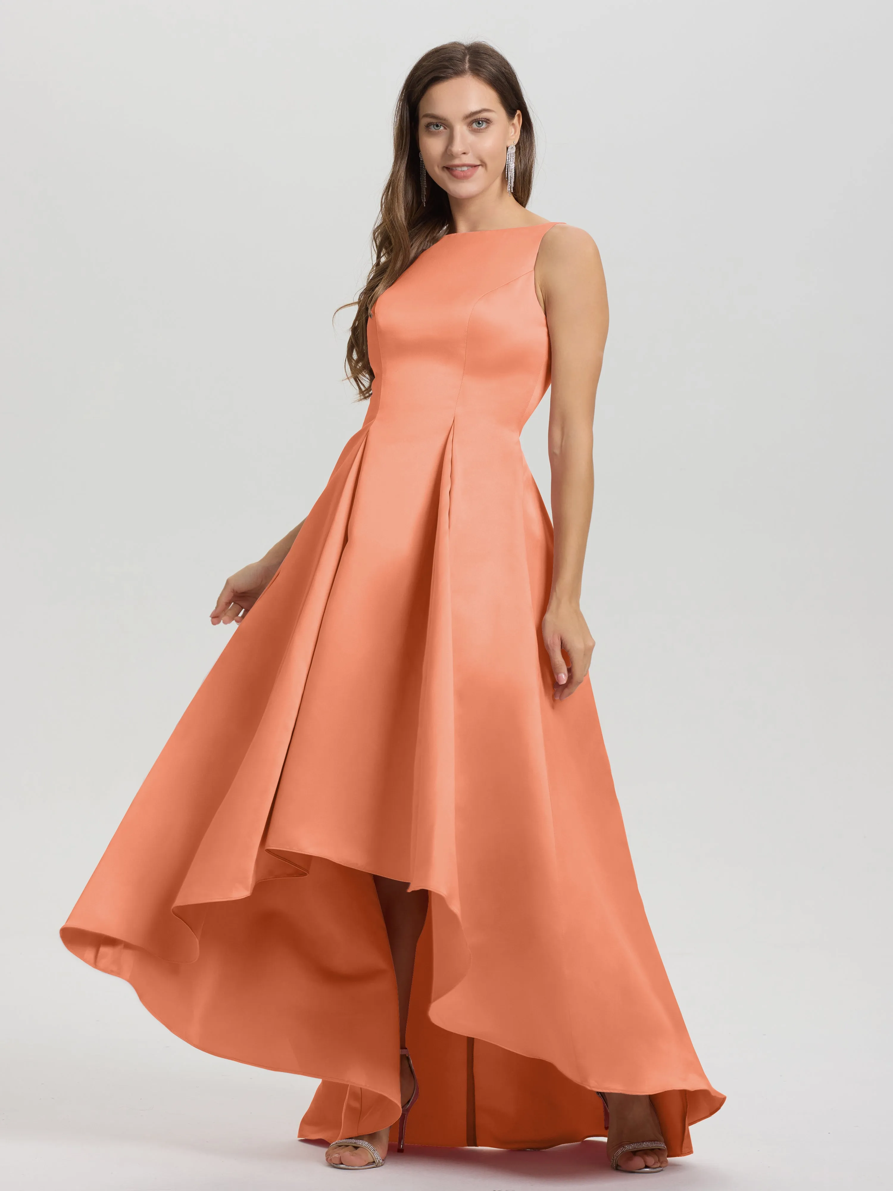 Jewel Sleeveless V-Back Long Satin Bridesmaid Dresses