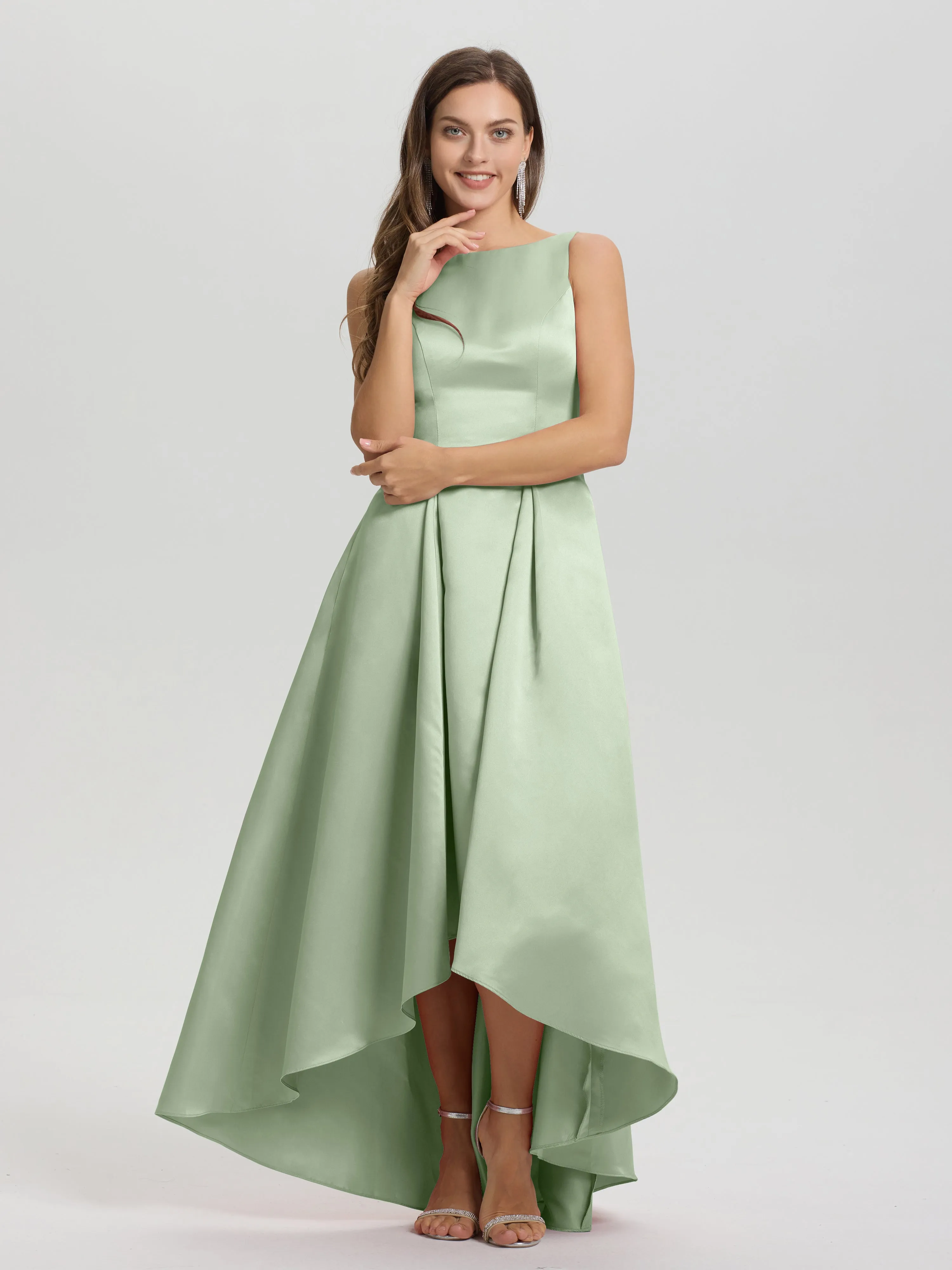Jewel Sleeveless V-Back Long Satin Bridesmaid Dresses