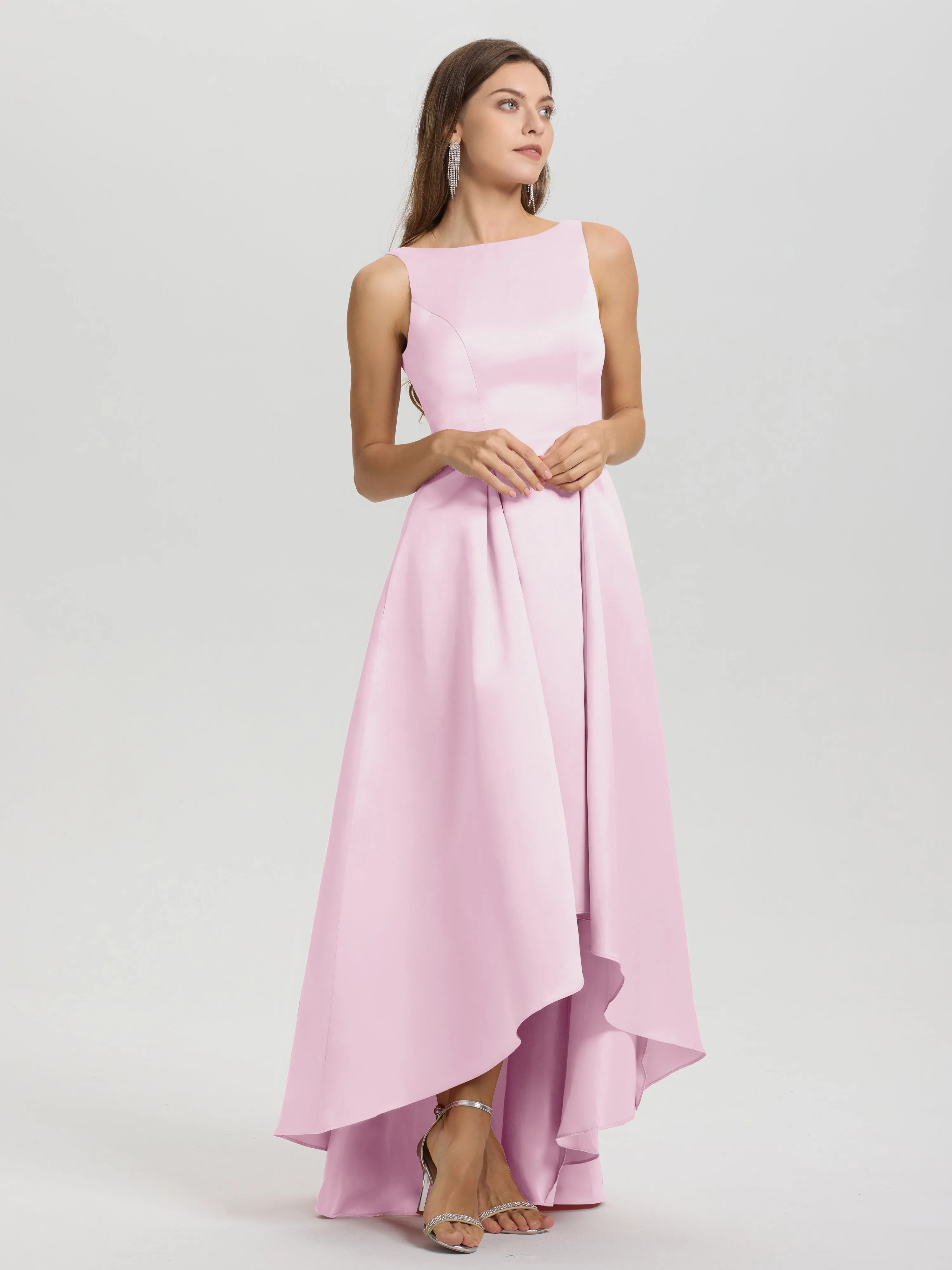 Jewel Sleeveless V-Back Long Satin Bridesmaid Dresses