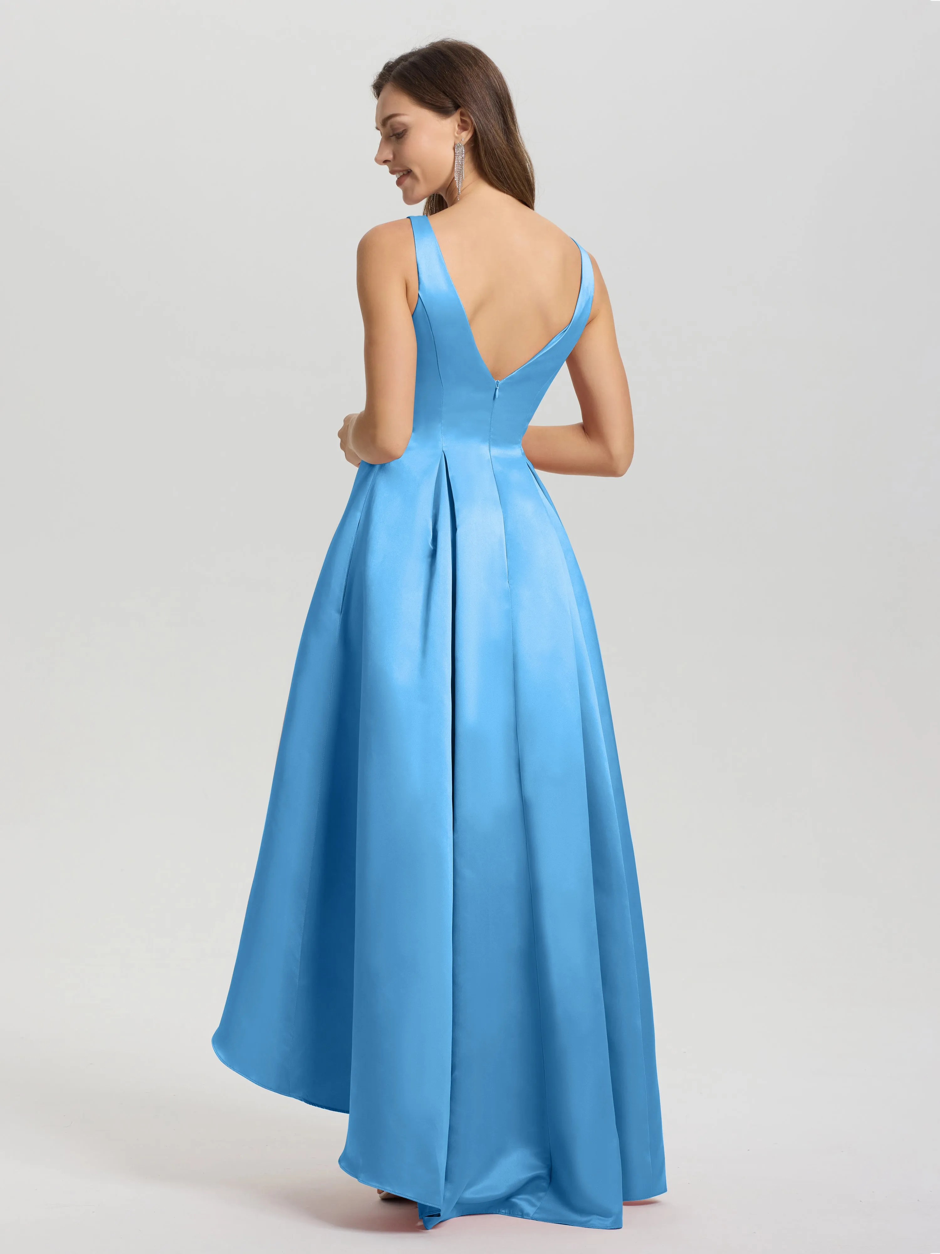 Jewel Sleeveless V-Back Long Satin Bridesmaid Dresses