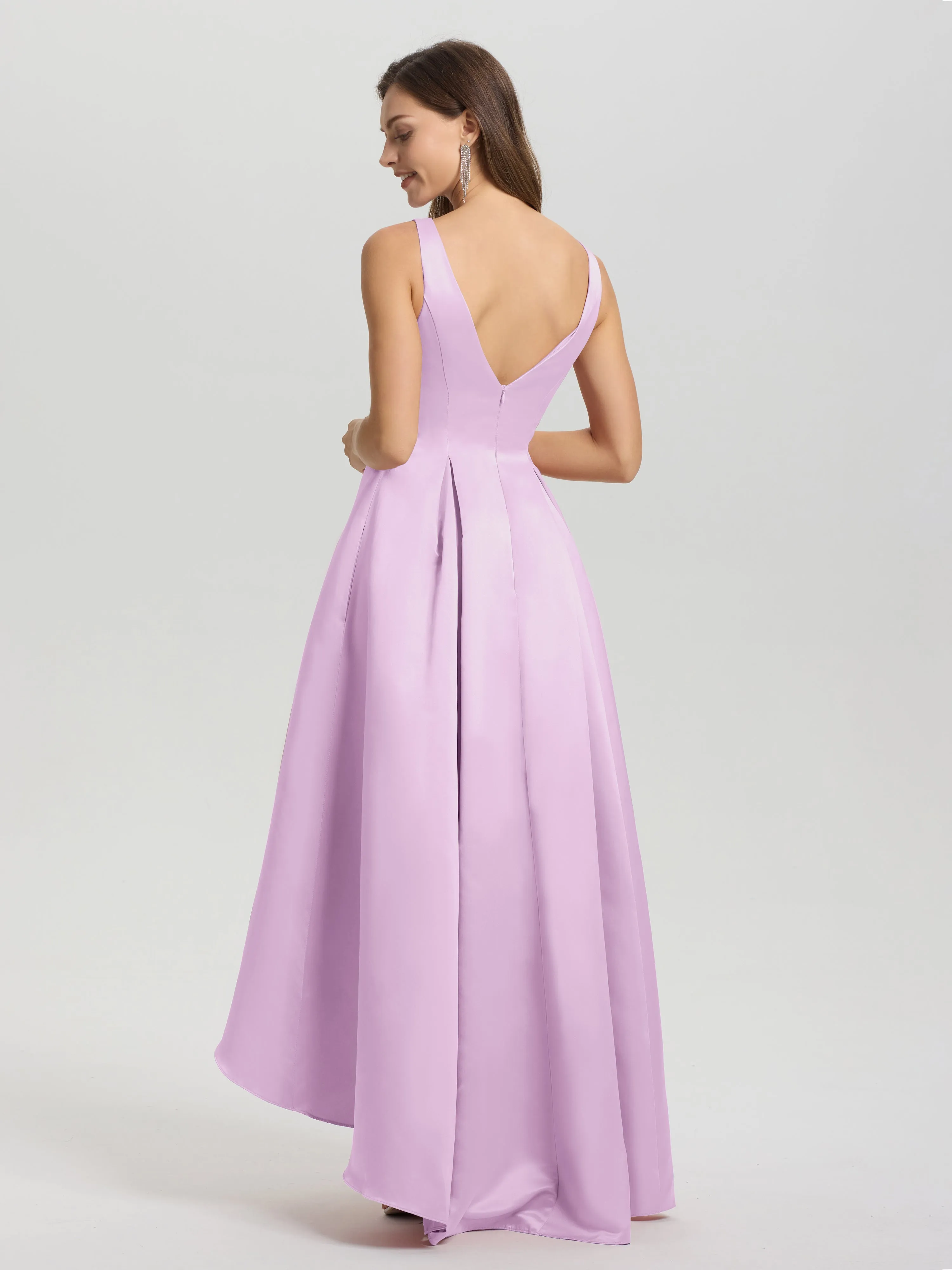 Jewel Sleeveless V-Back Long Satin Bridesmaid Dresses