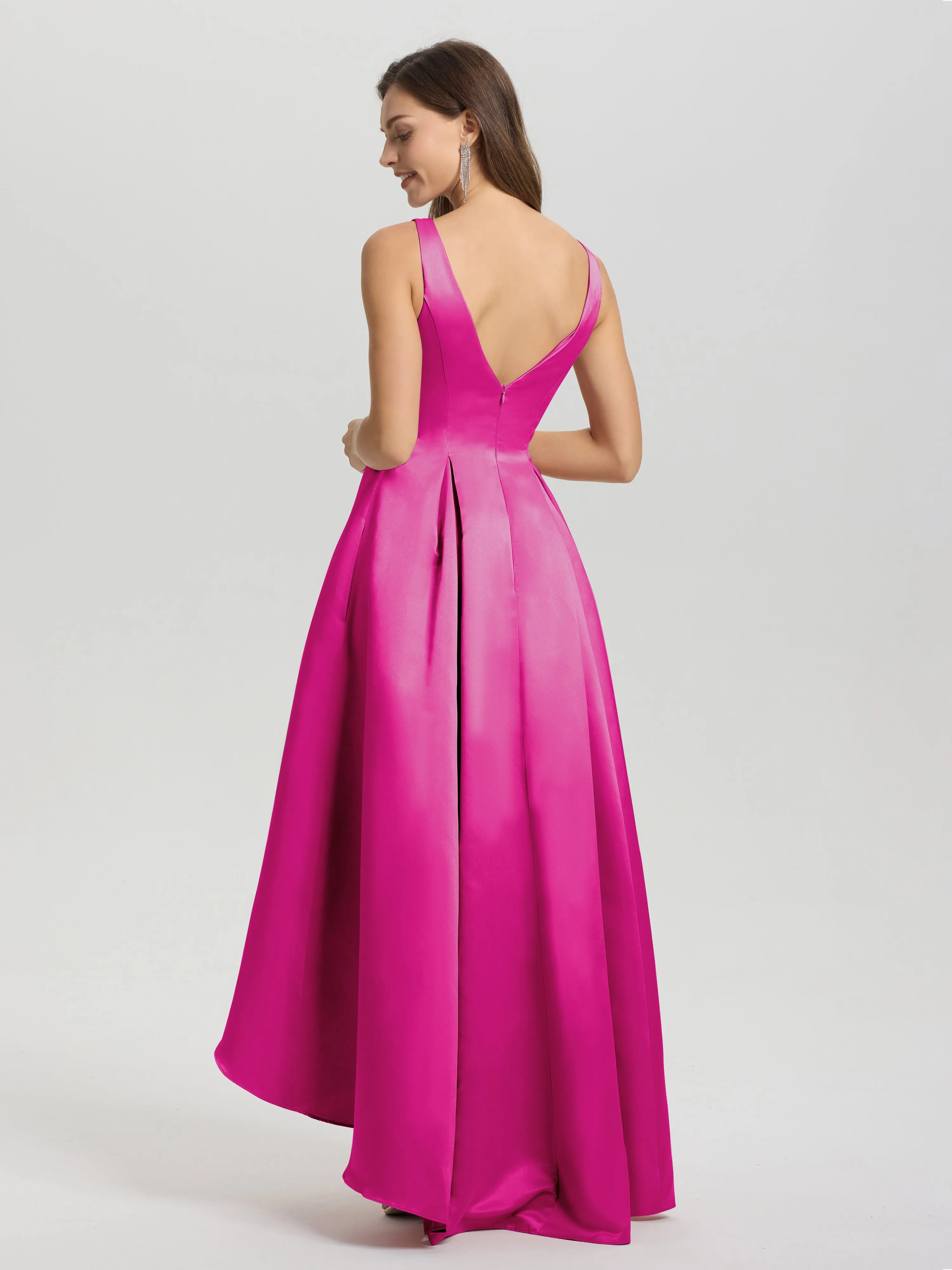 Jewel Sleeveless V-Back Long Satin Bridesmaid Dresses