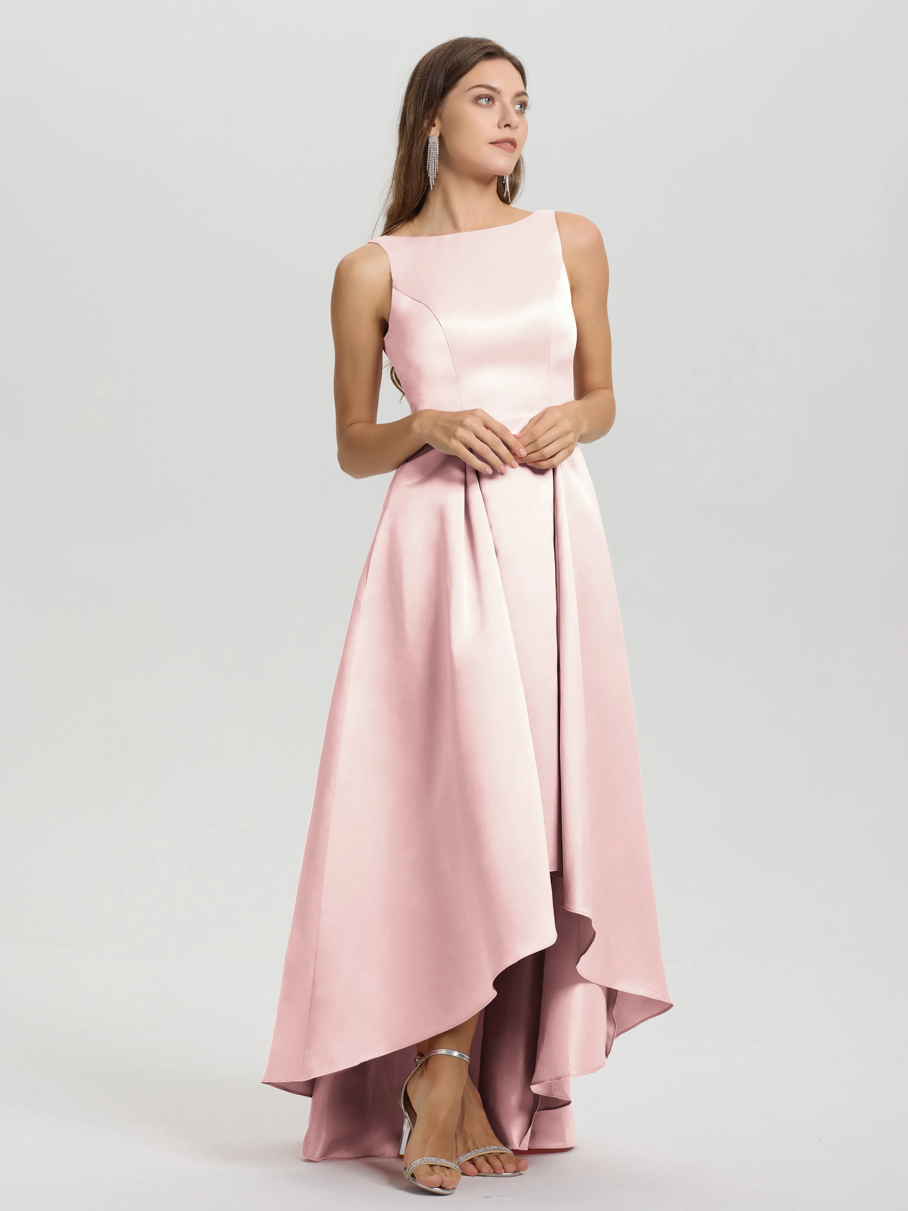 Jewel Sleeveless V-Back Long Satin Bridesmaid Dresses