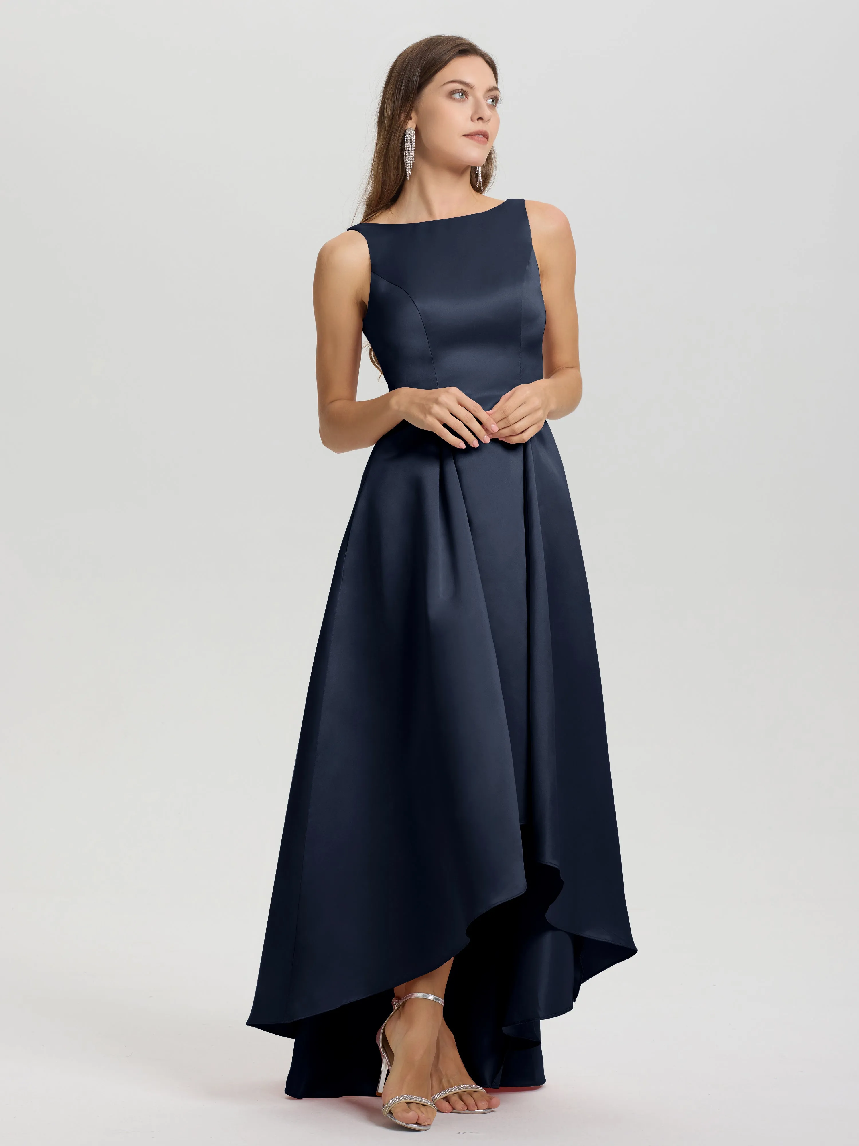 Jewel Sleeveless V-Back Long Satin Bridesmaid Dresses