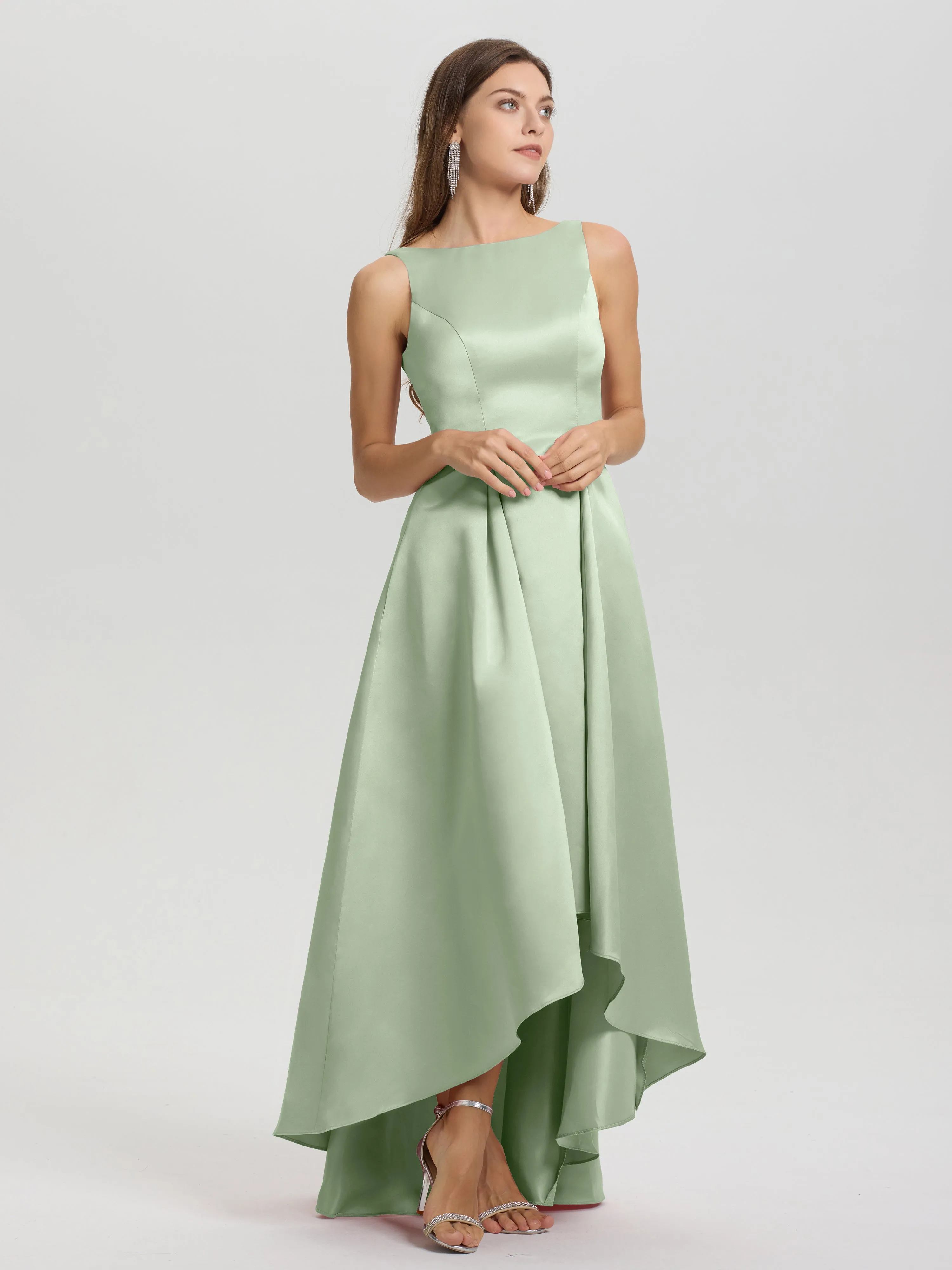 Jewel Sleeveless V-Back Long Satin Bridesmaid Dresses