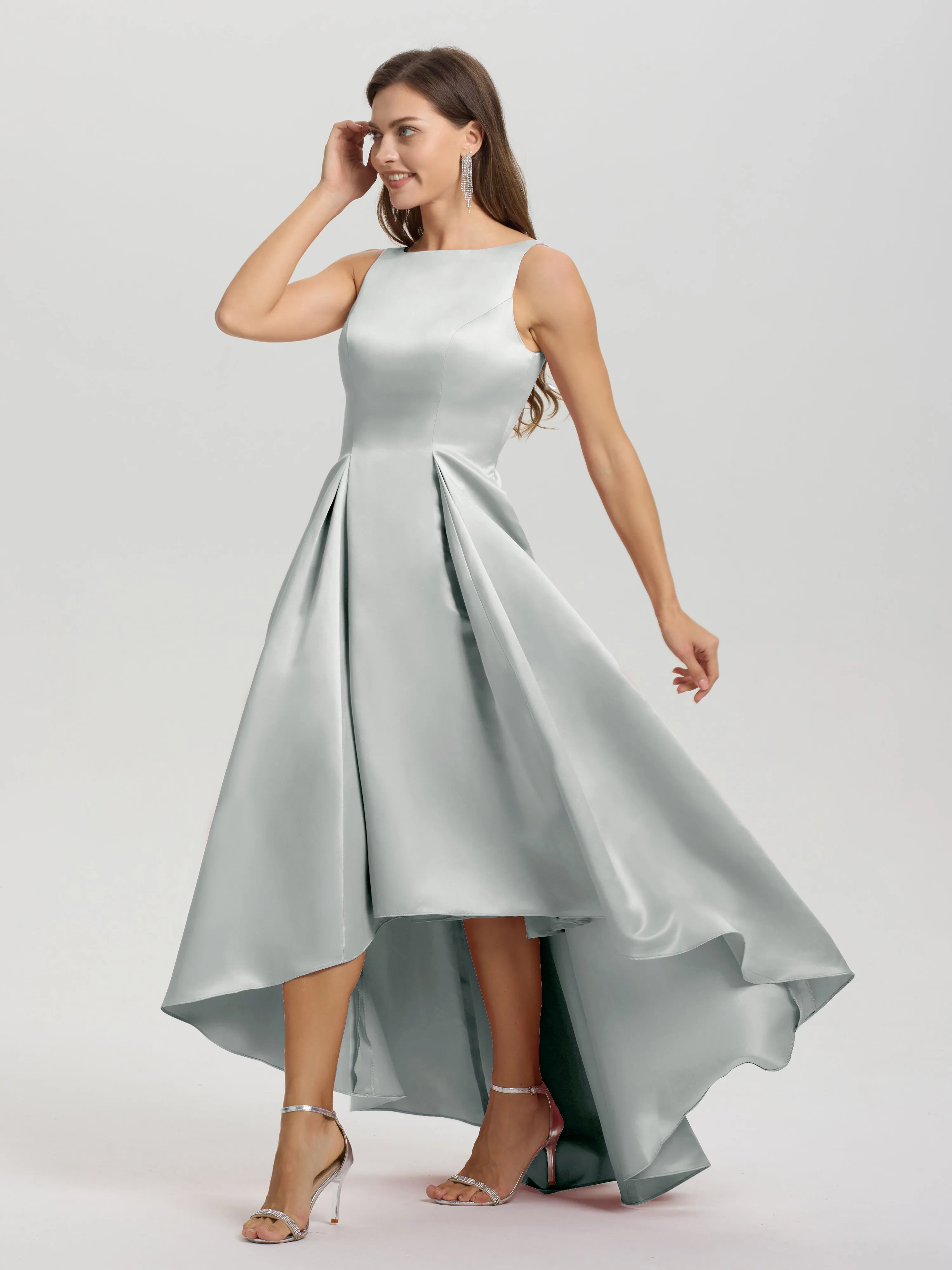 Jewel Sleeveless V-Back Long Satin Bridesmaid Dresses