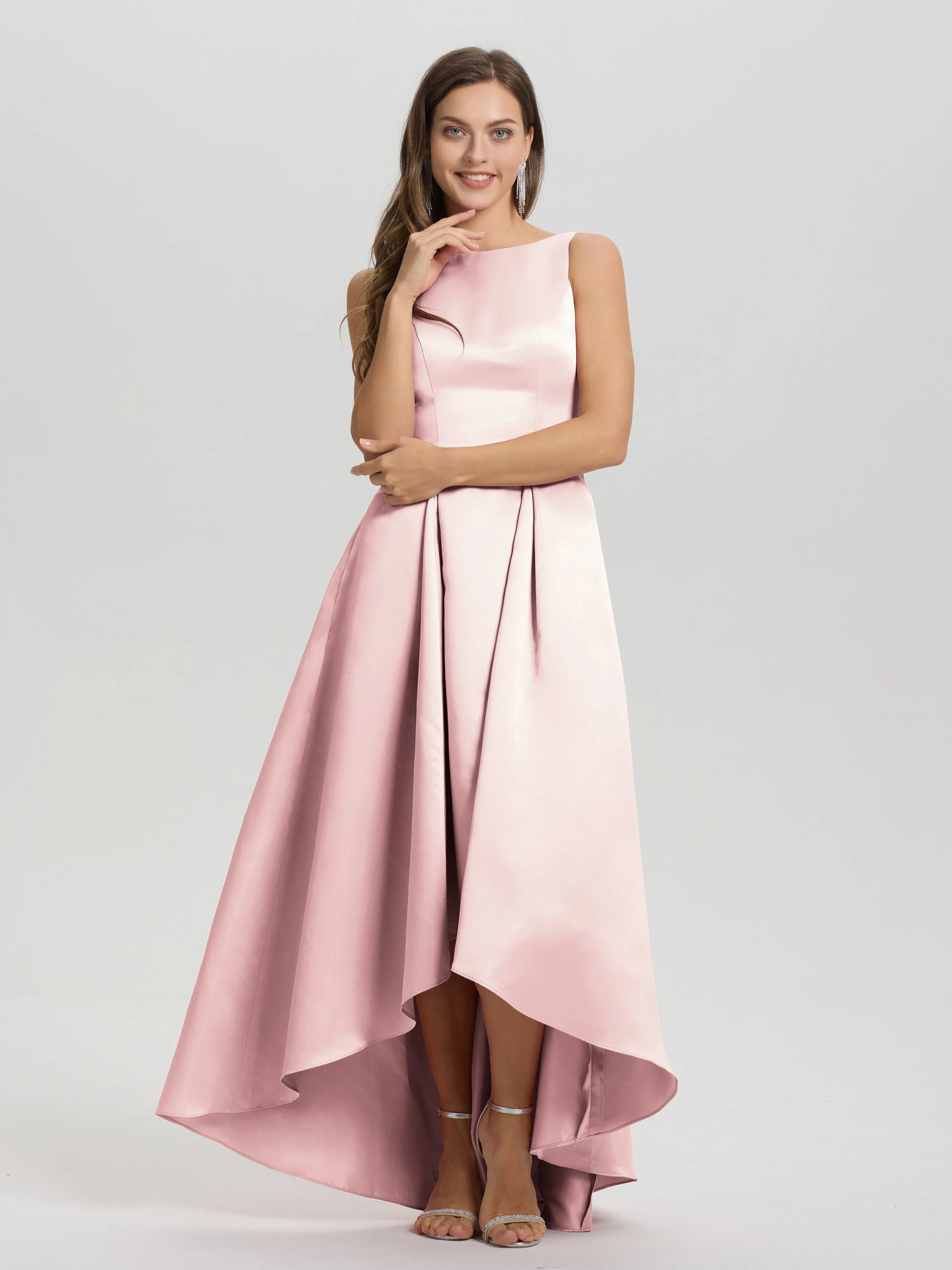 Jewel Sleeveless V-Back Long Satin Bridesmaid Dresses