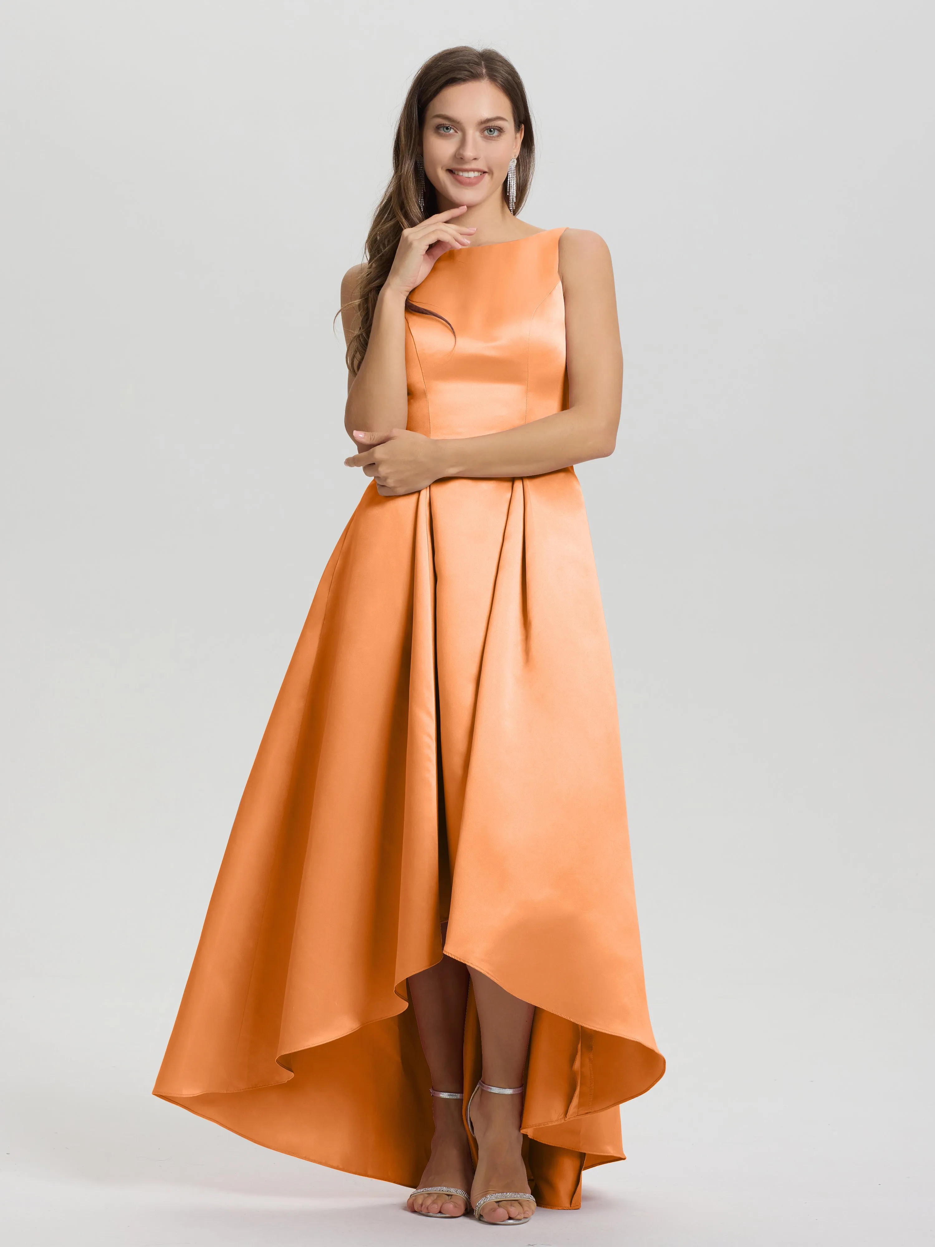 Jewel Sleeveless V-Back Long Satin Bridesmaid Dresses