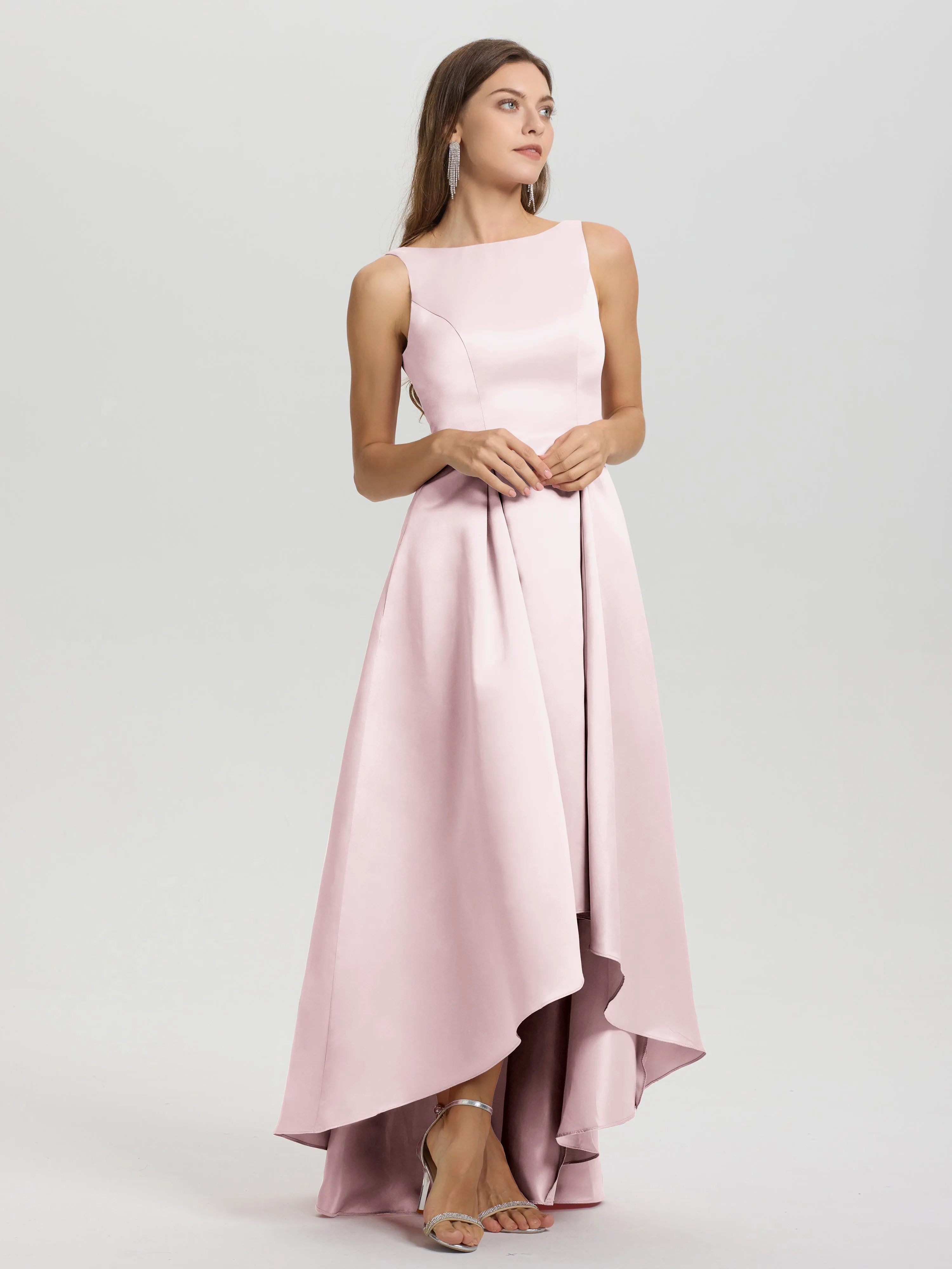 Jewel Sleeveless V-Back Long Satin Bridesmaid Dresses