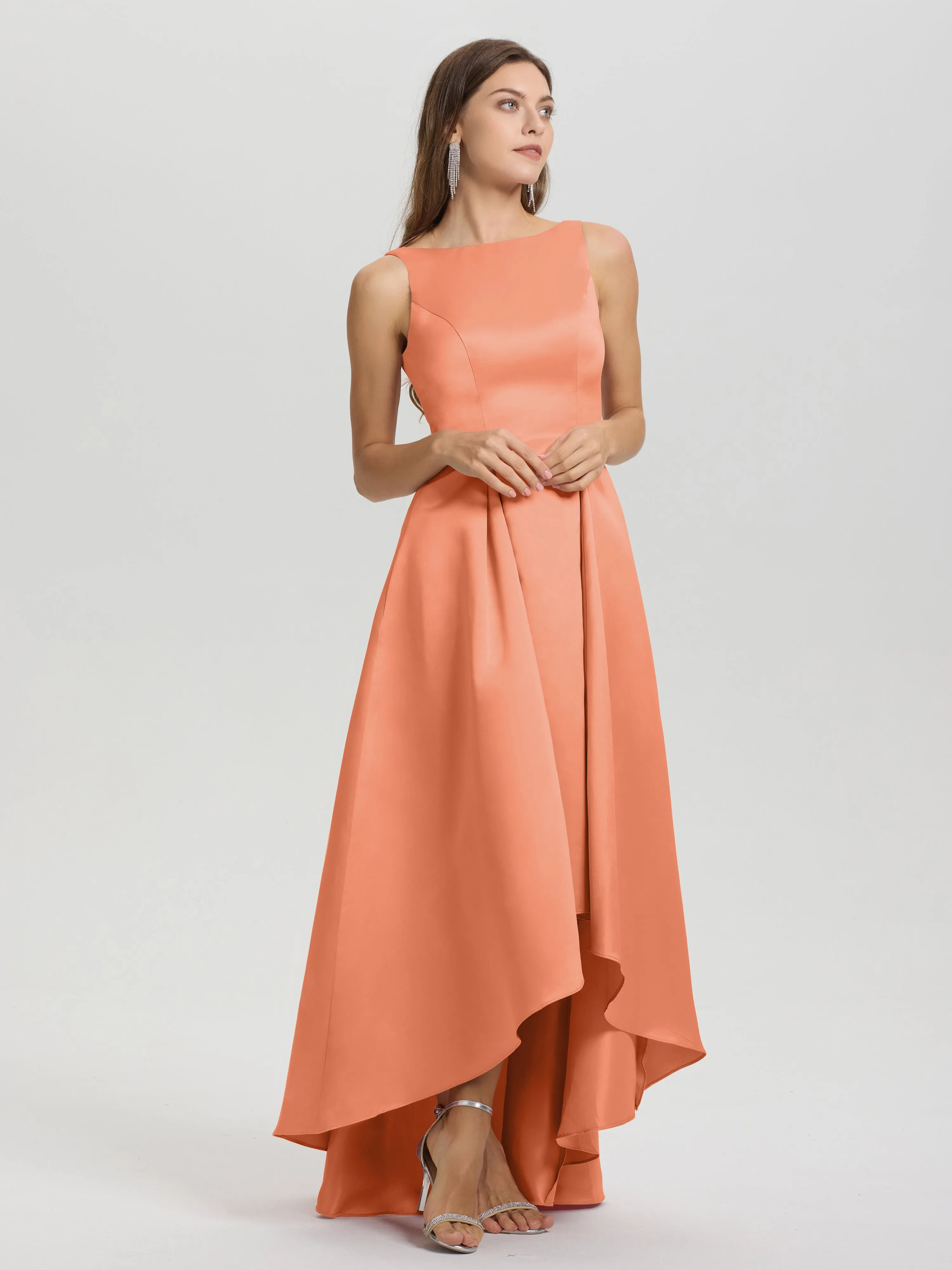 Jewel Sleeveless V-Back Long Satin Bridesmaid Dresses