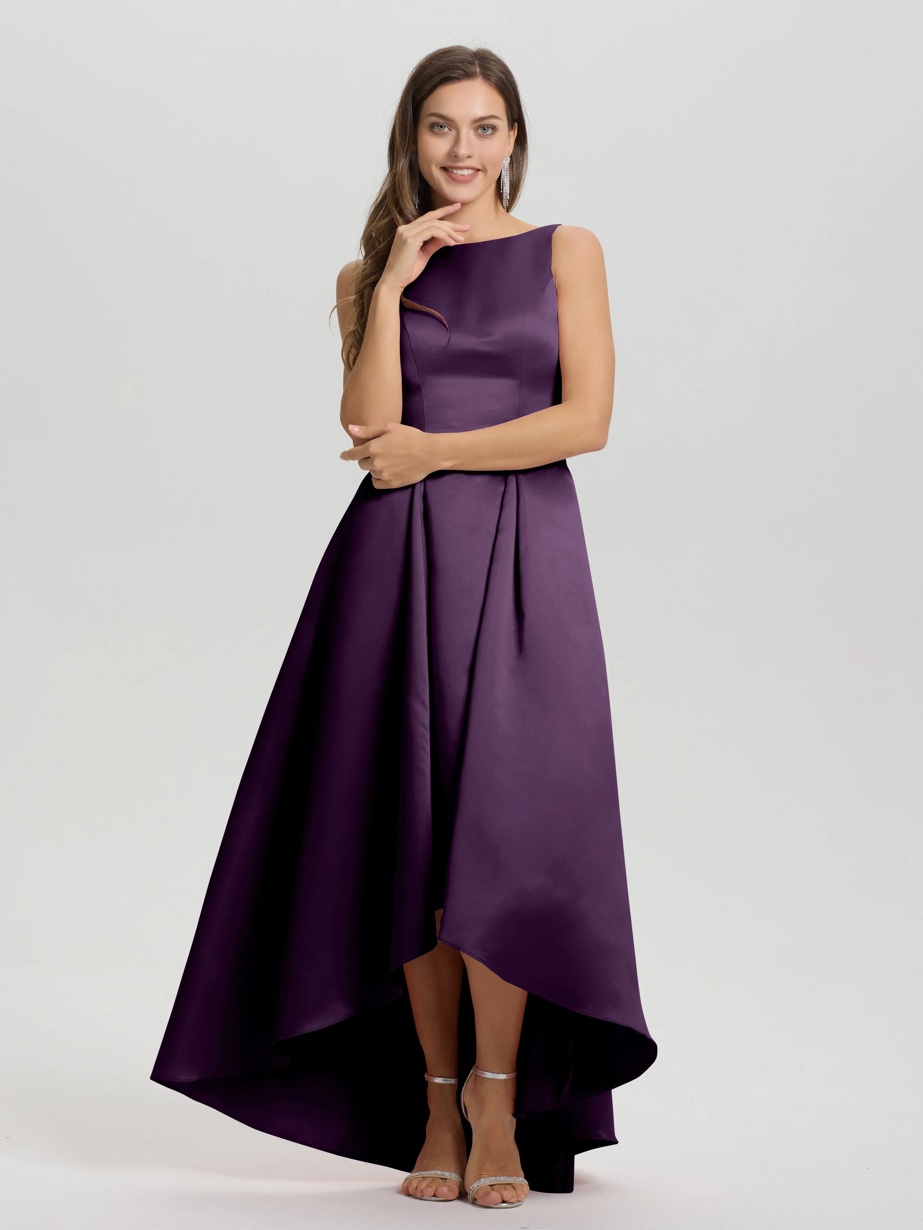 Jewel Sleeveless V-Back Long Satin Bridesmaid Dresses