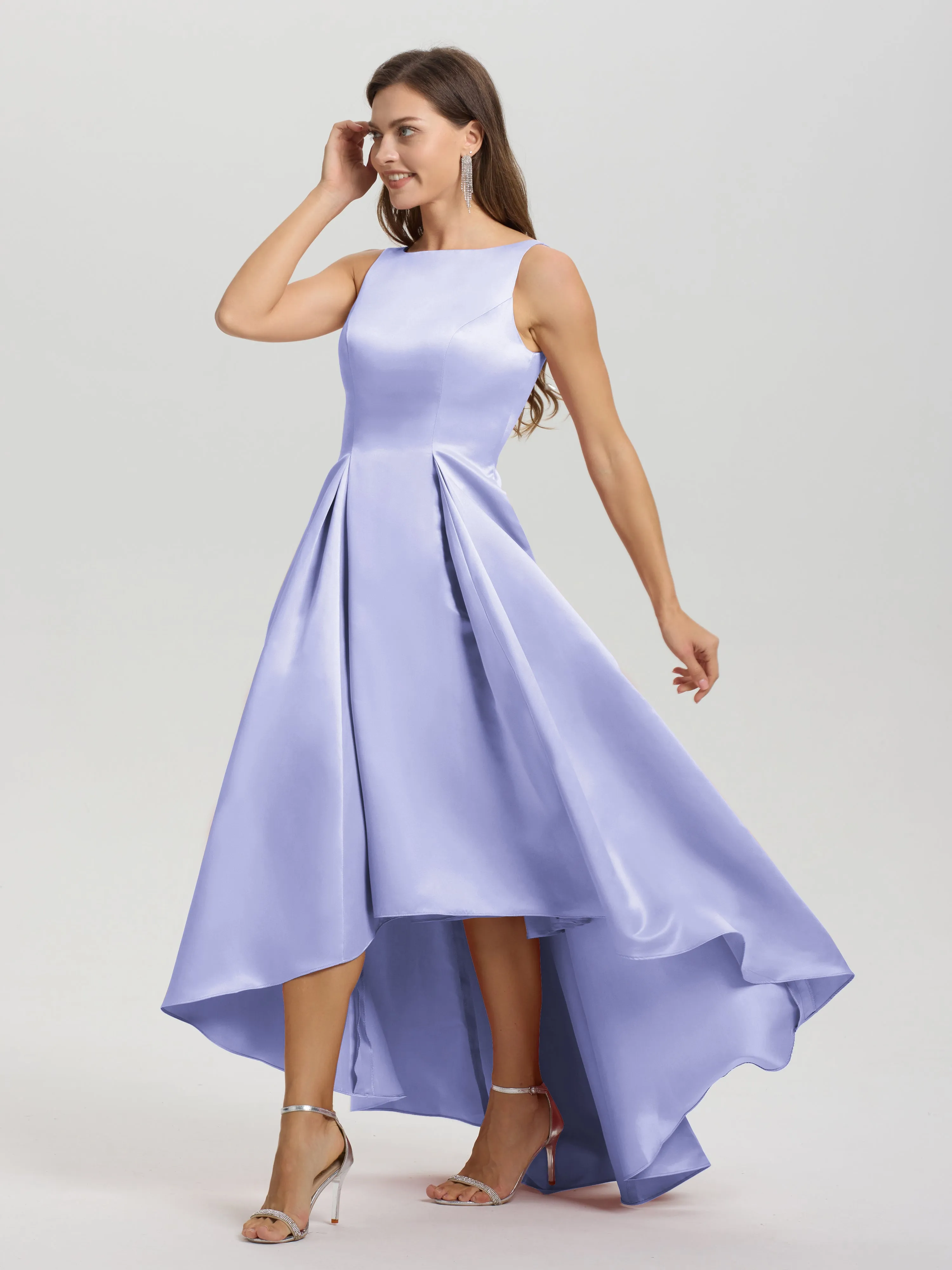 Jewel Sleeveless V-Back Long Satin Bridesmaid Dresses