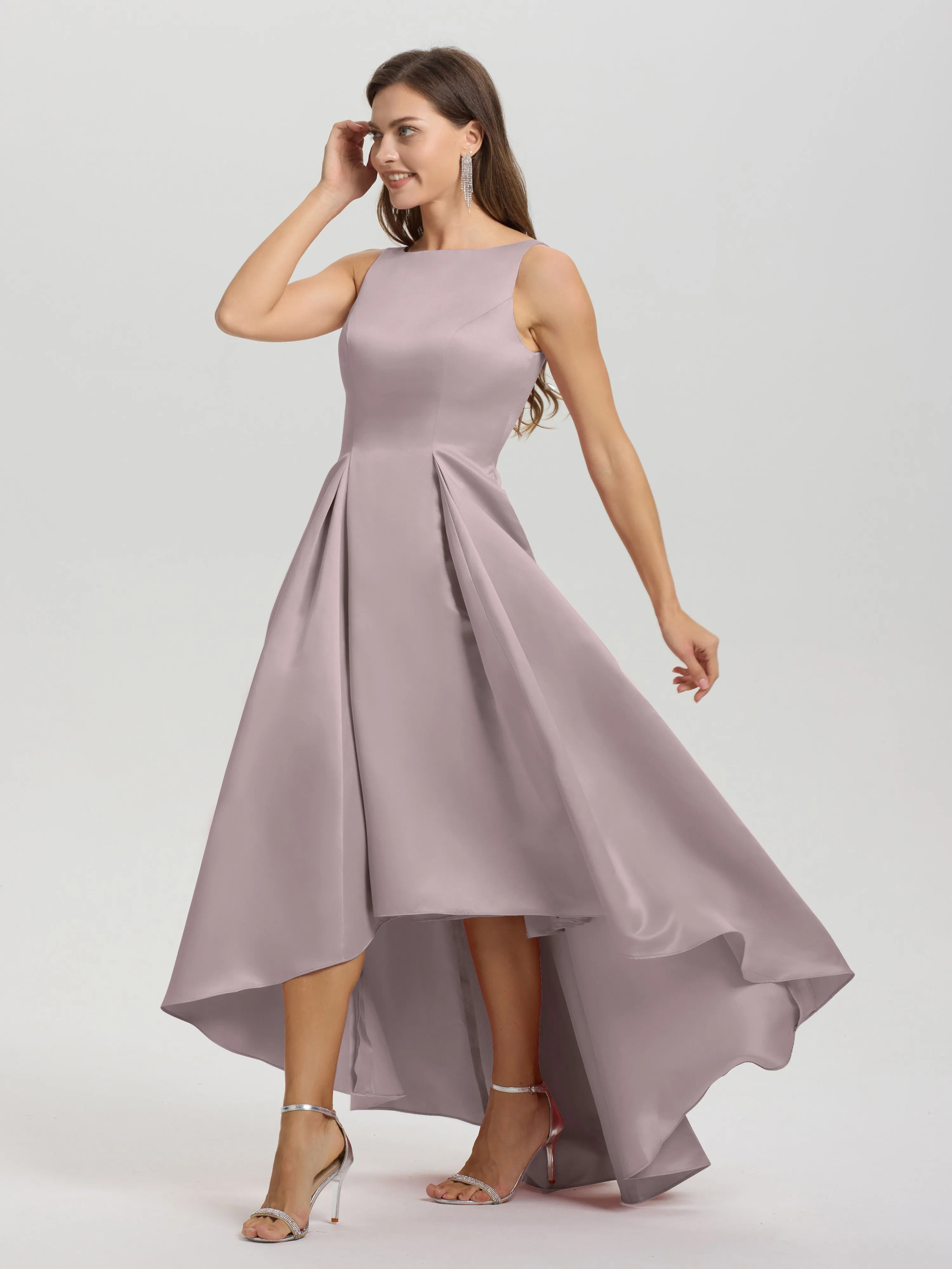 Jewel Sleeveless V-Back Long Satin Bridesmaid Dresses