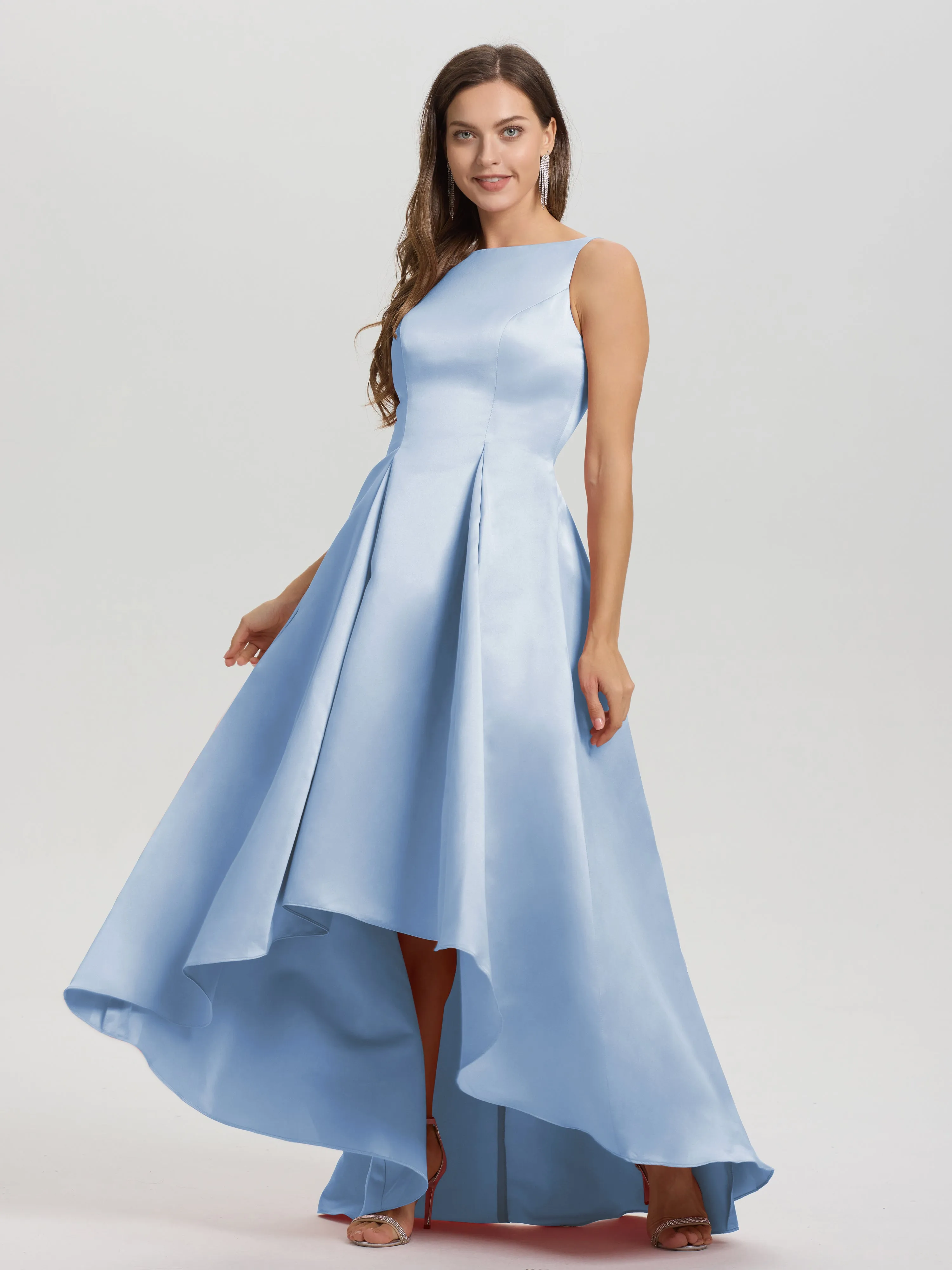 Jewel Sleeveless V-Back Long Satin Bridesmaid Dresses
