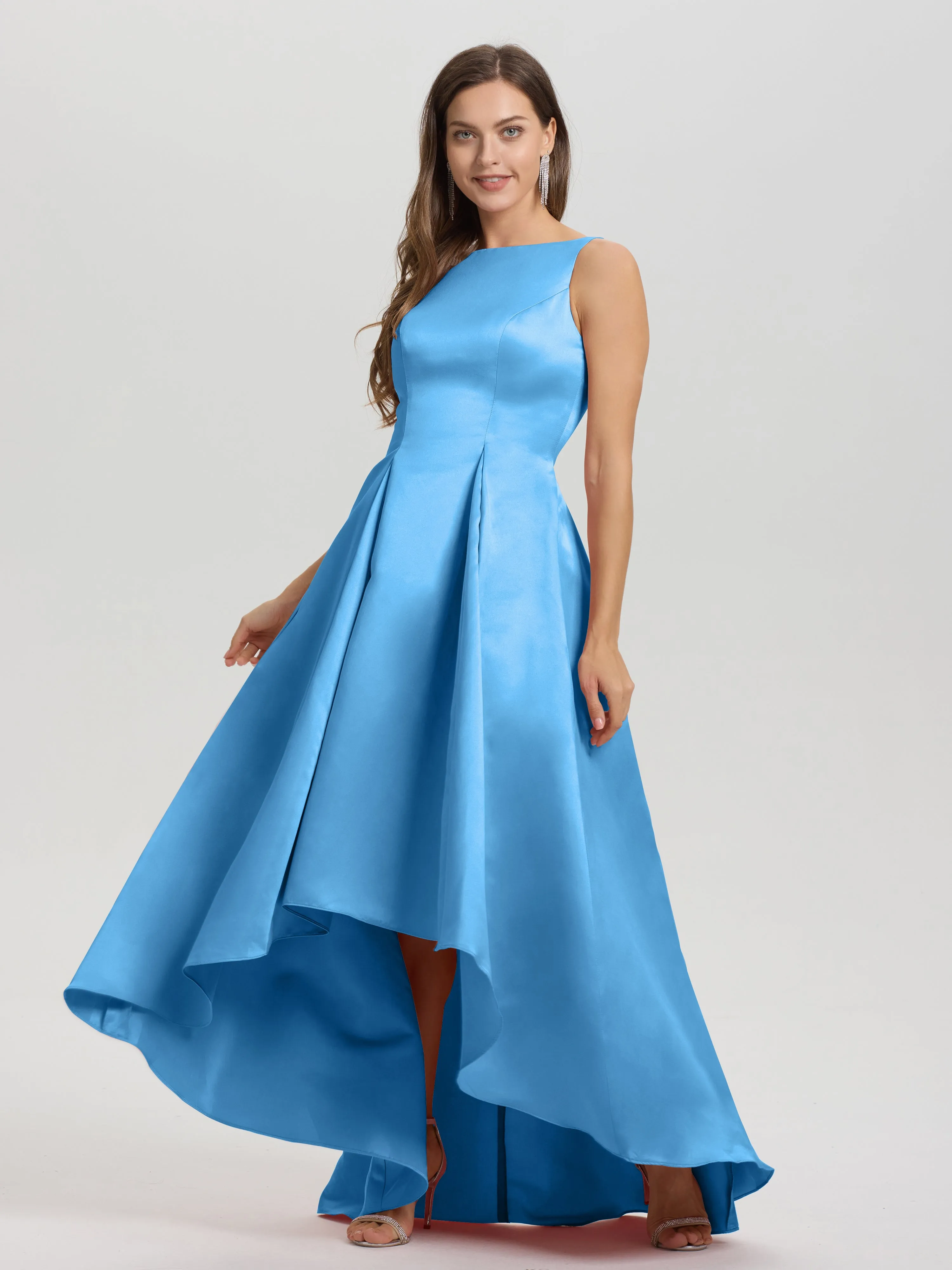 Jewel Sleeveless V-Back Long Satin Bridesmaid Dresses