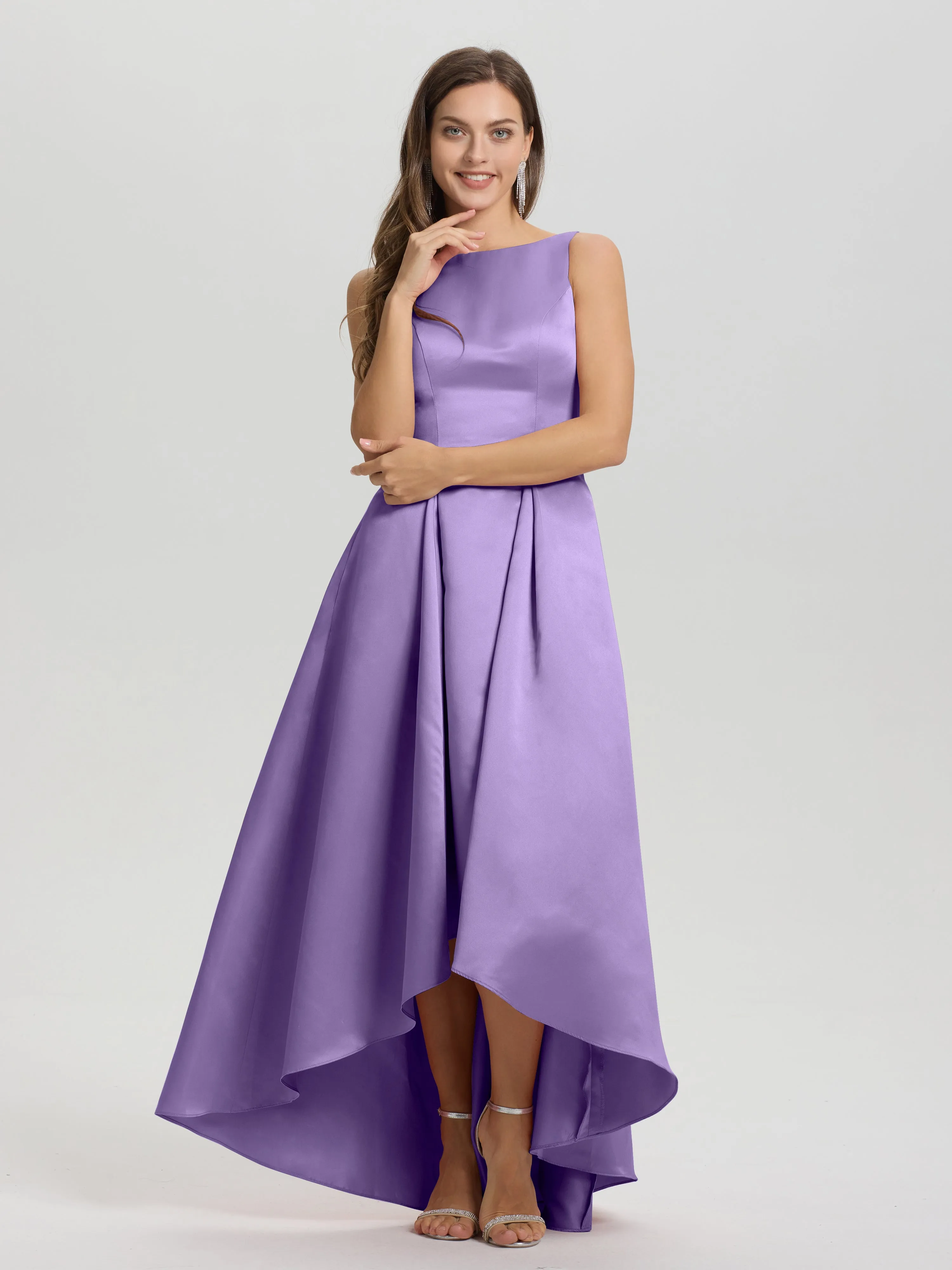 Jewel Sleeveless V-Back Long Satin Bridesmaid Dresses